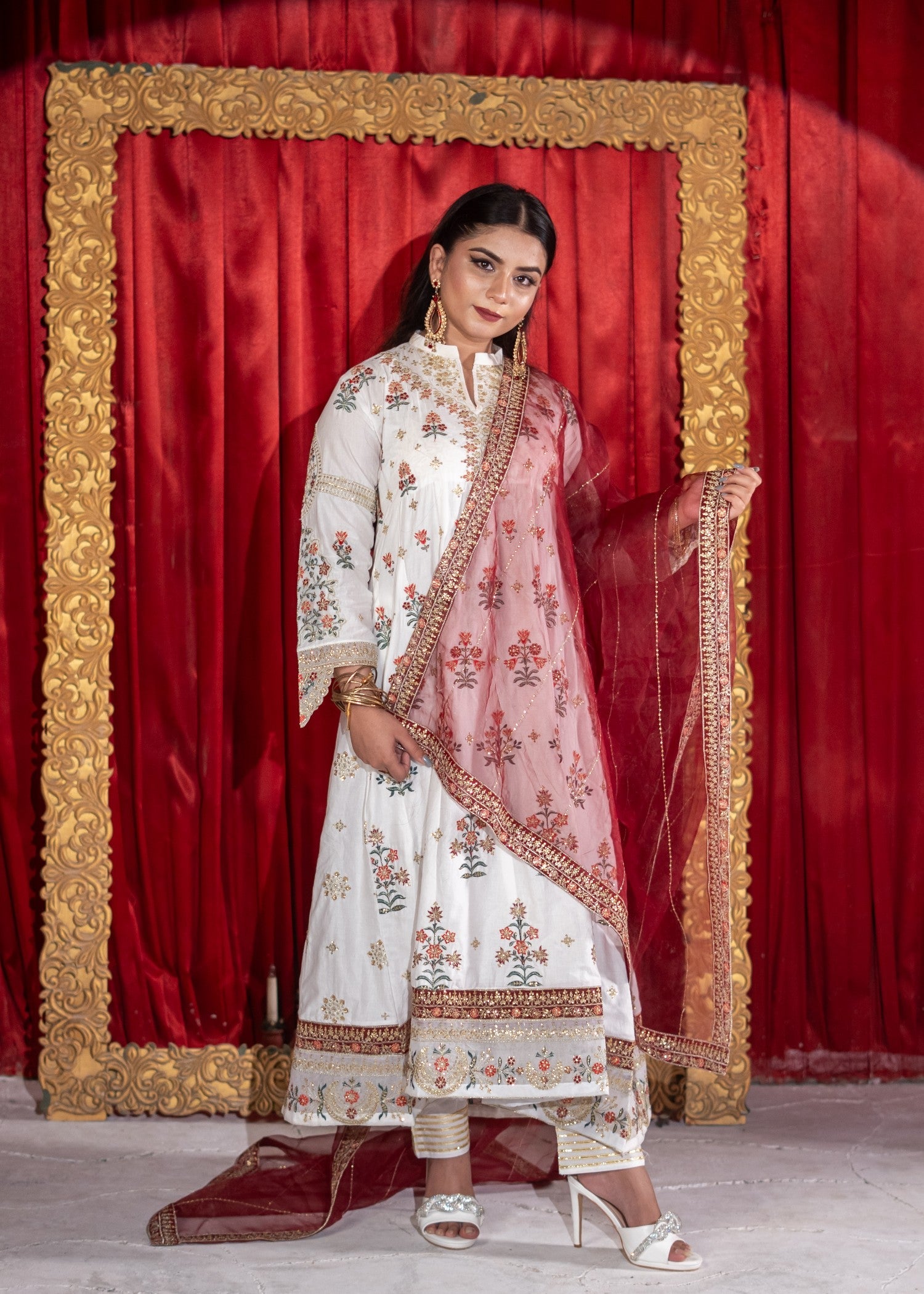 lawn cotton Anarkali in White
