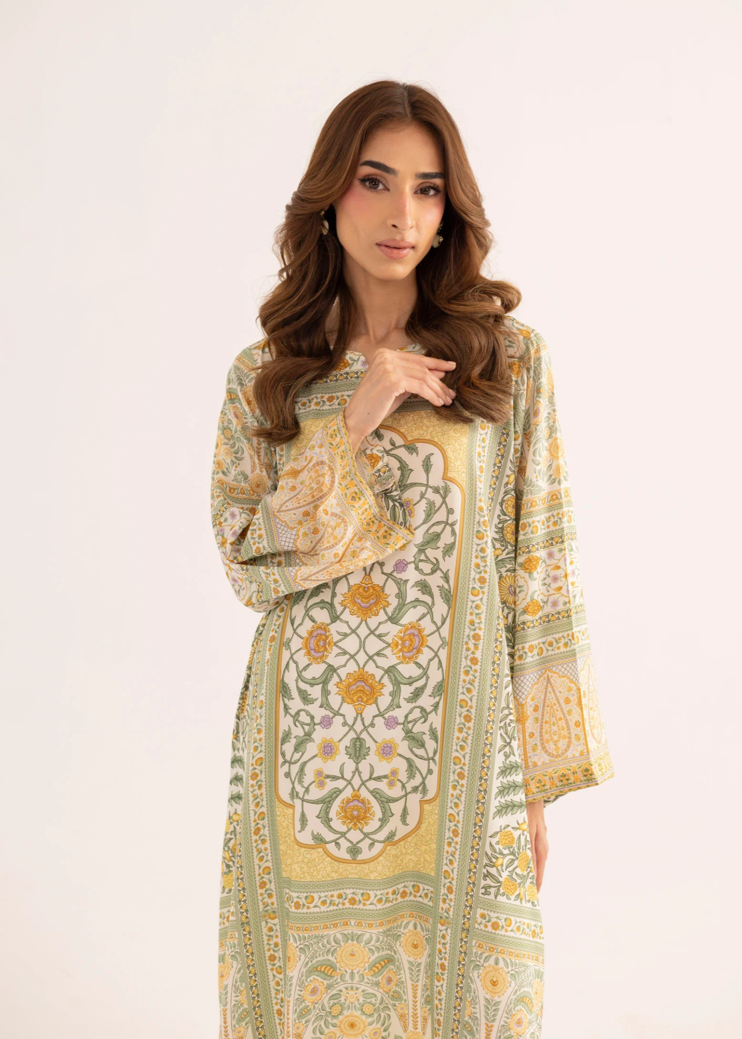 silk finish lawn Kaftan in Sage green