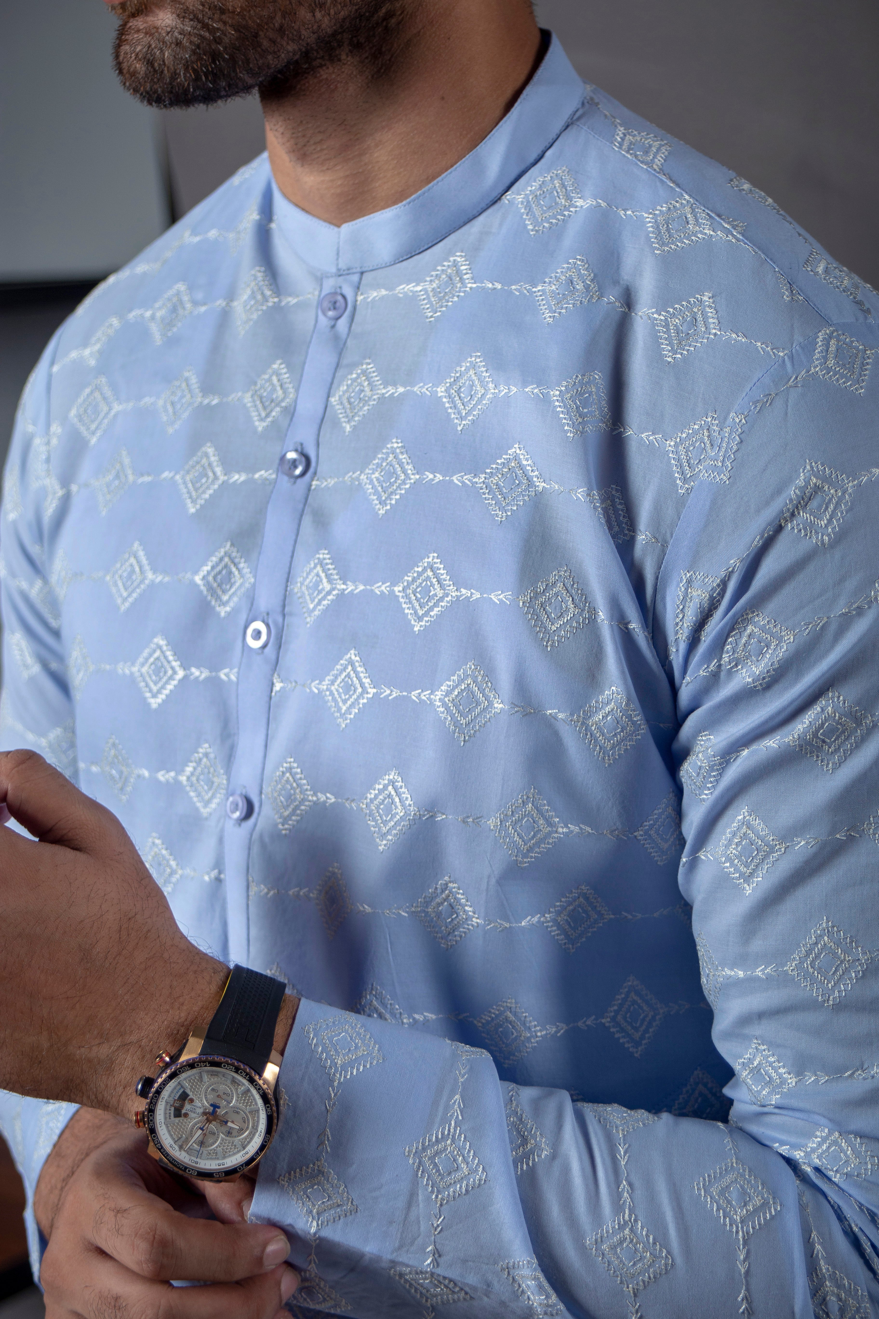 schiffli Kurta in Ice blue