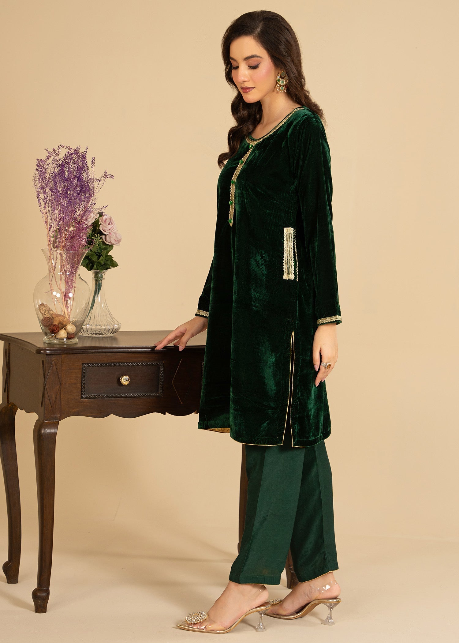 velvet Kurta Set in Dark green