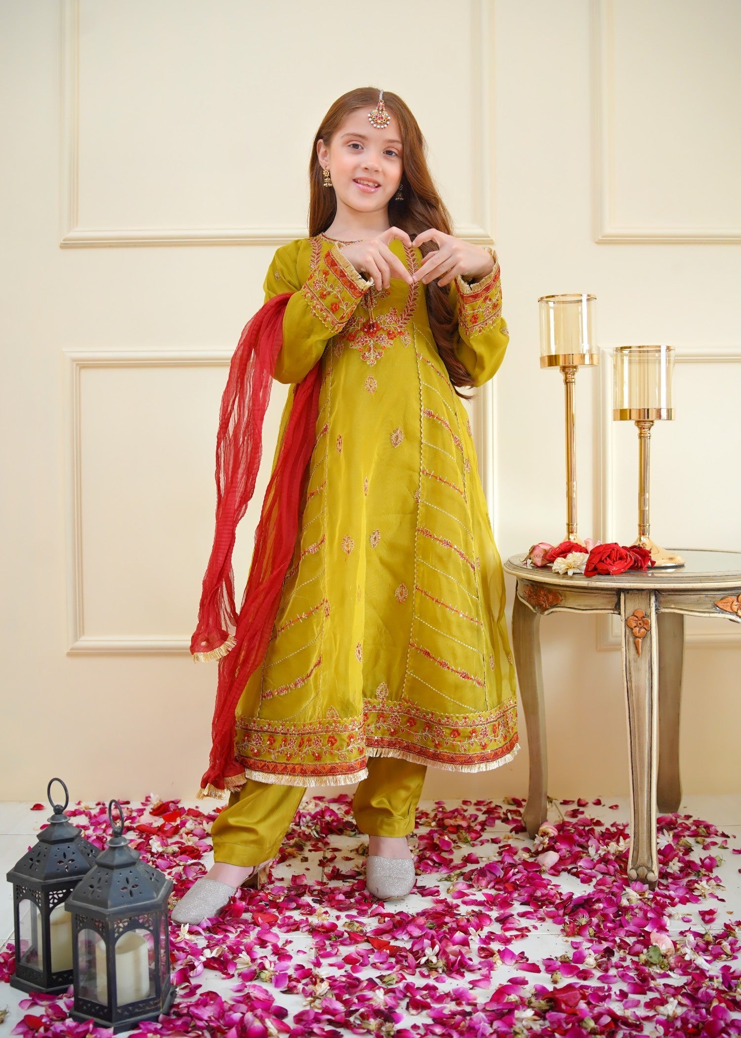organza Pishwas in Olive green