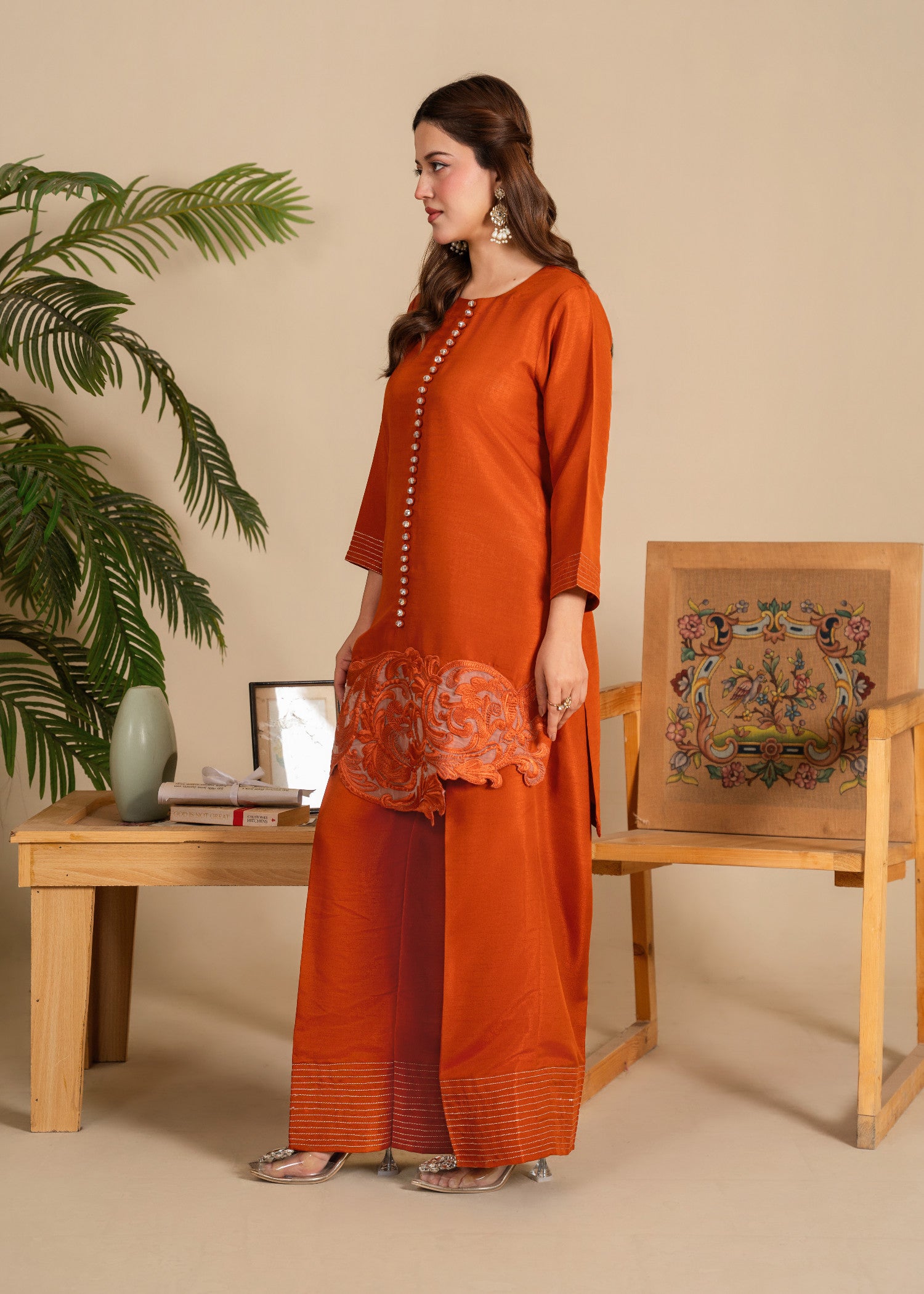 indian raw silk Co Ord Sets in Rust orange