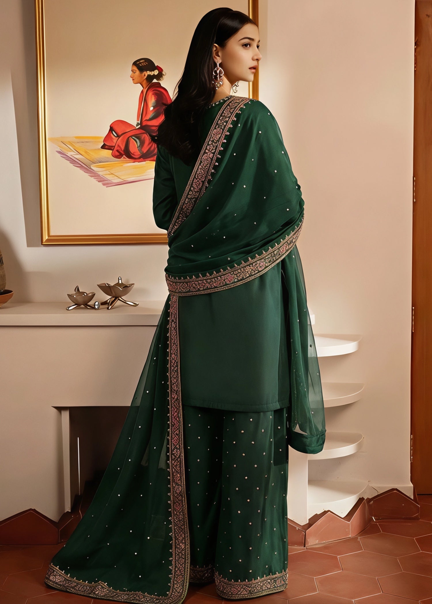 silk Kurta Set in Dark green