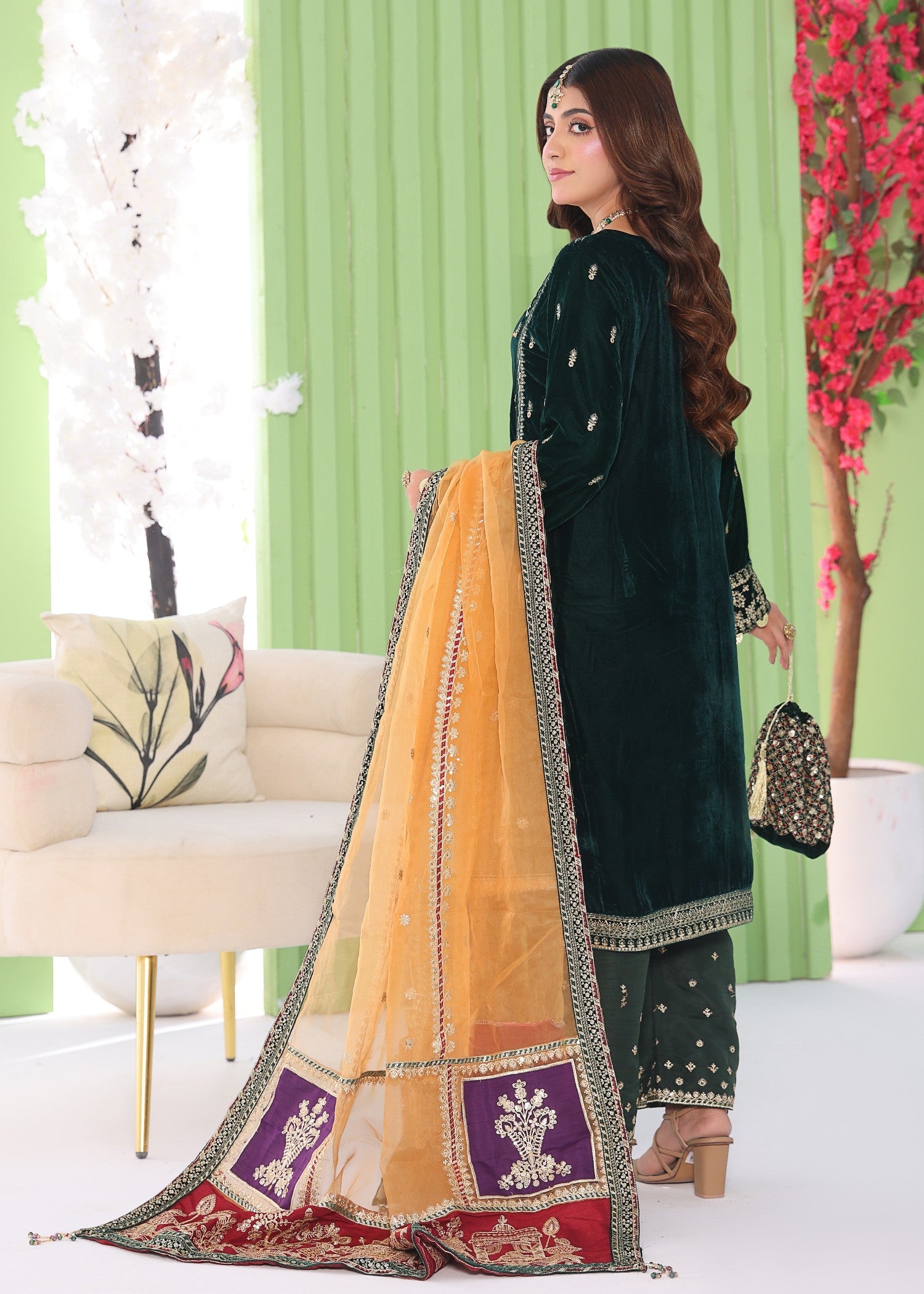 velvet Kurta Set in Bottle green