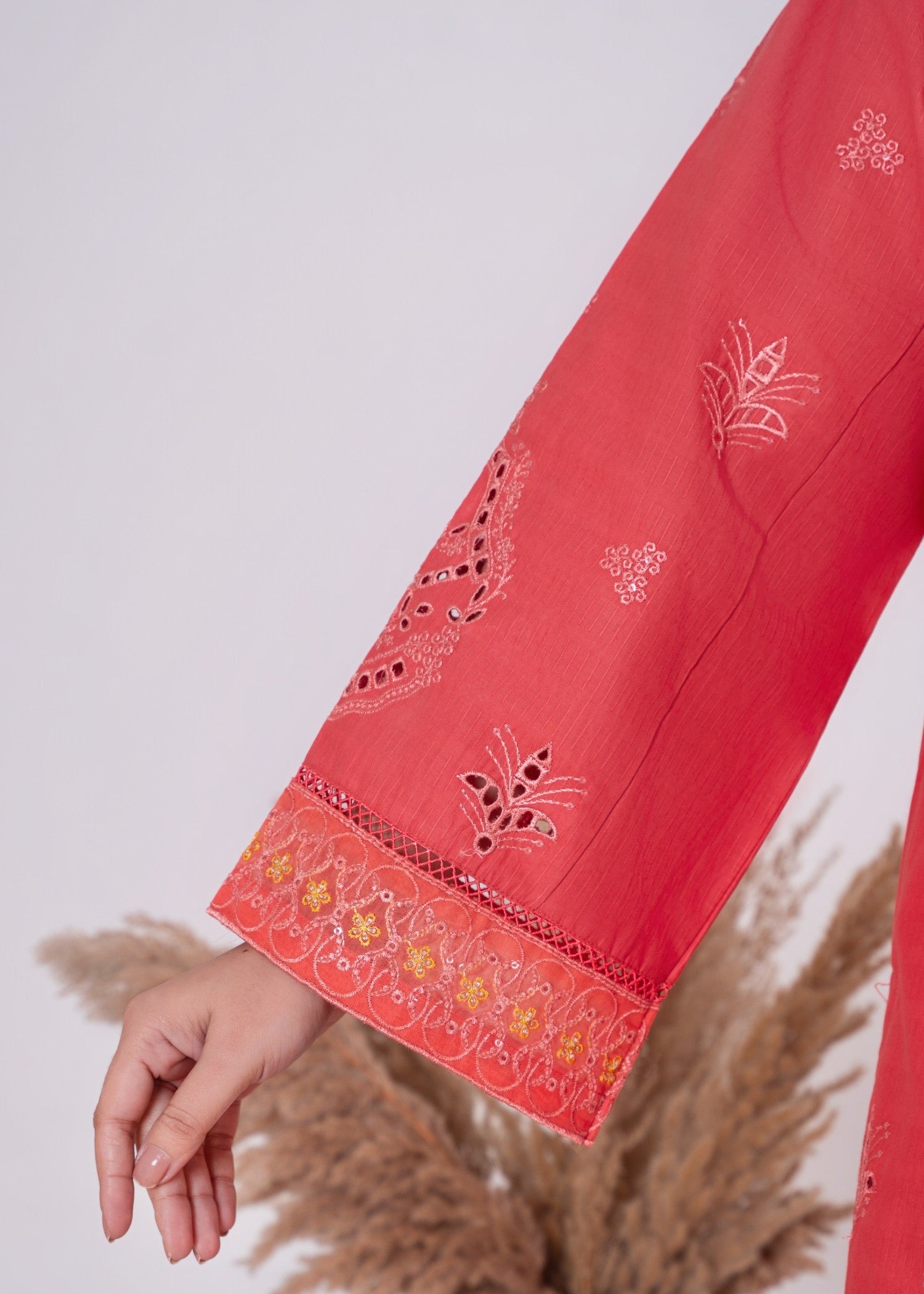 khaddar Kurta Set in Coral pink