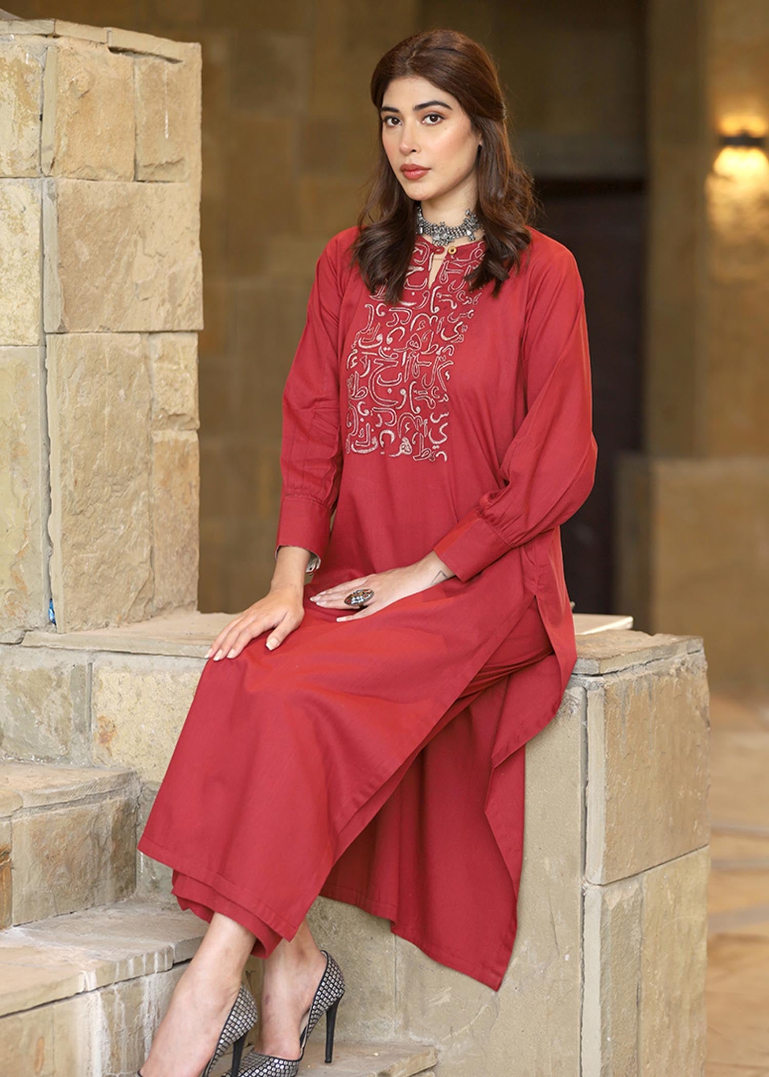 slub cambric Kurta Set in Maroon
