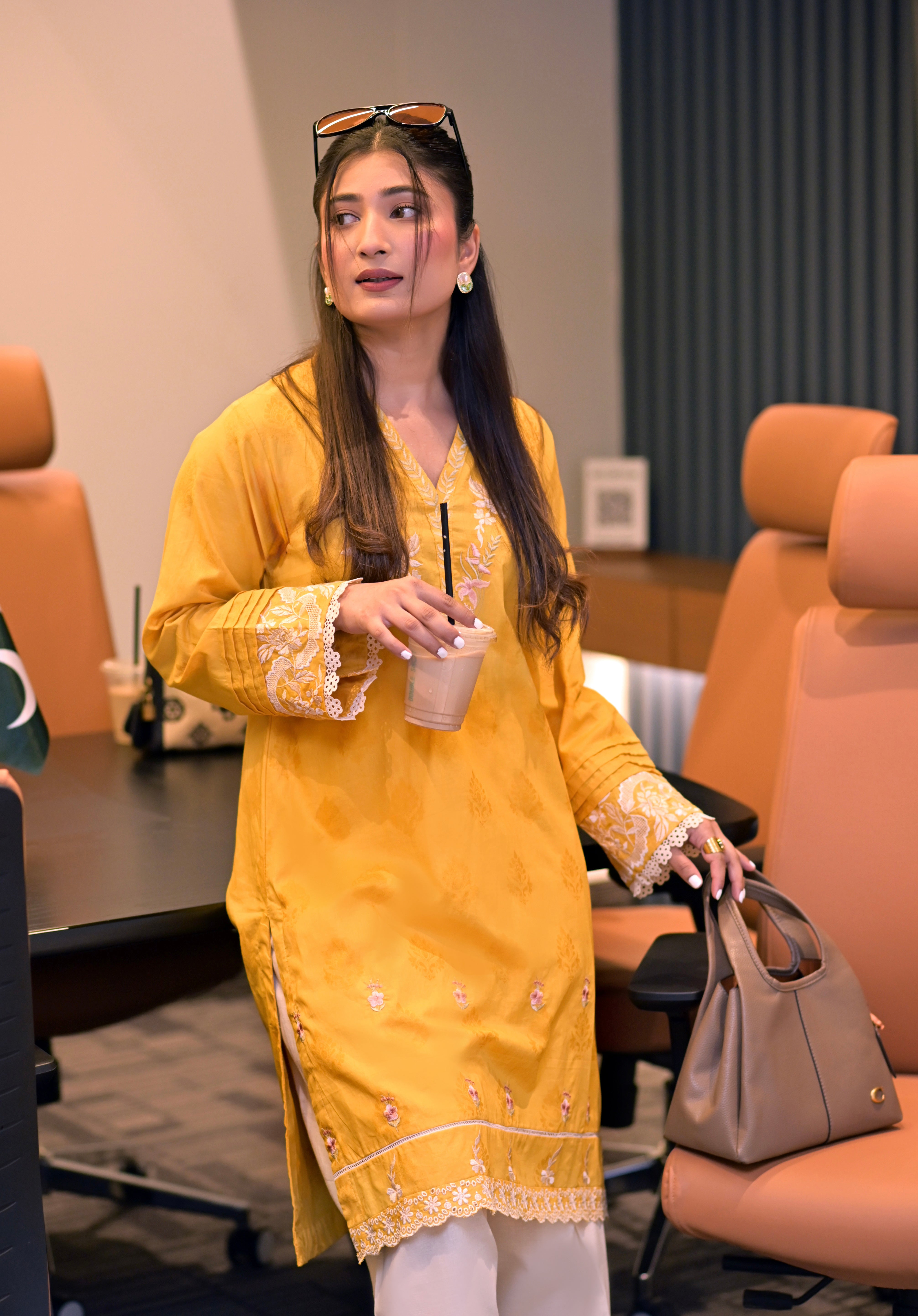 jacquard Kurti in Mellow yellow
