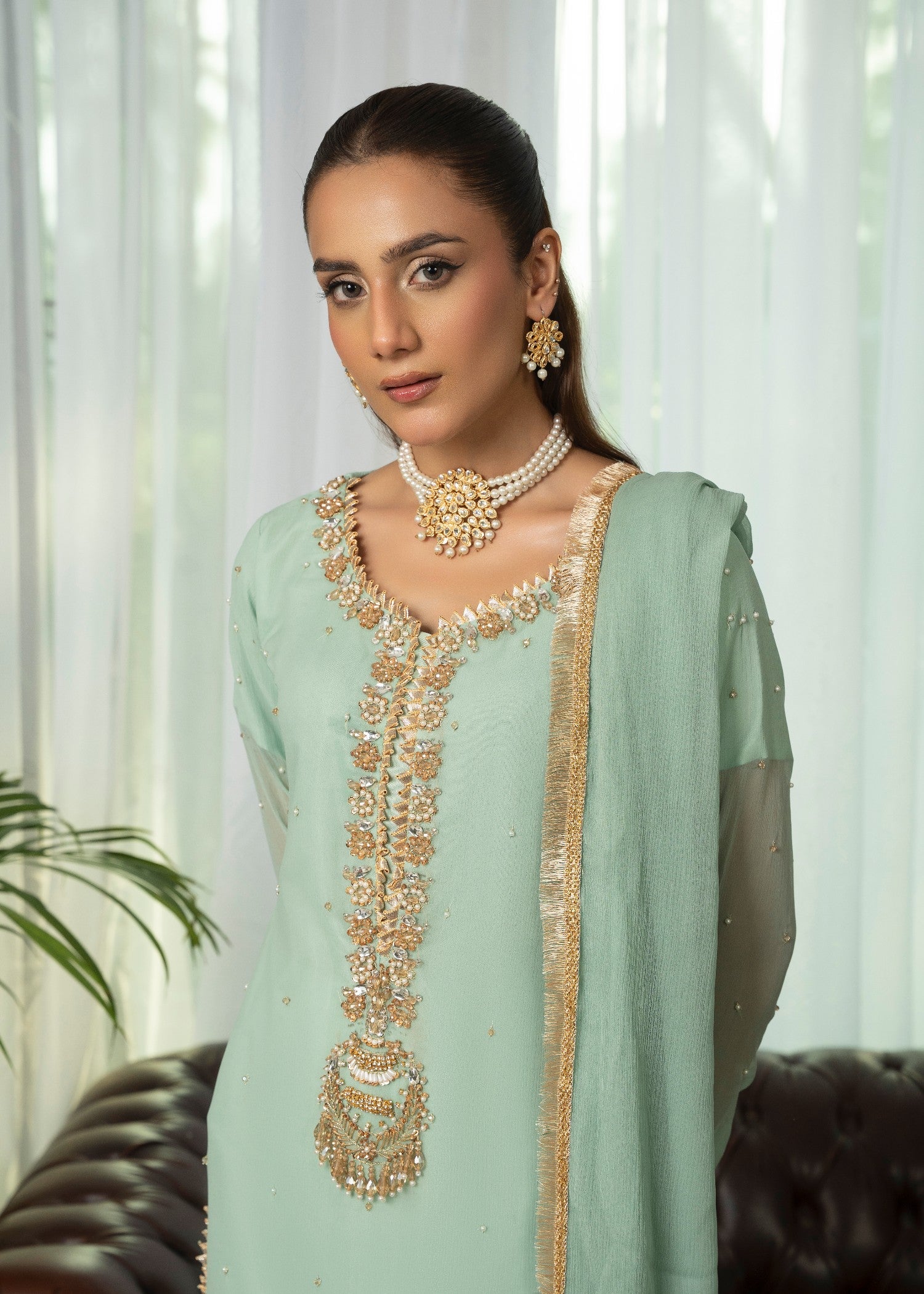 chiffon Kurta Set in Tea green
