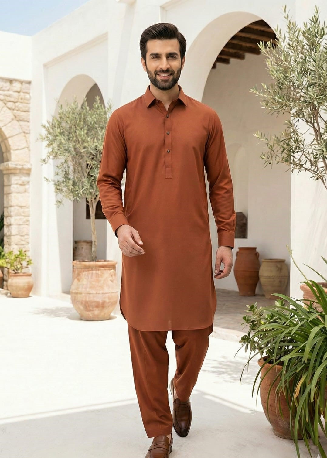 wash & wear Shalwar Kameez in Rust orange