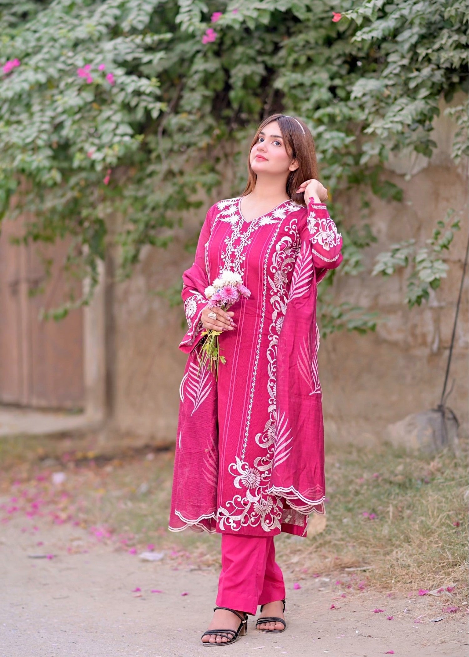khaddi net Kurta Set in Hot pink