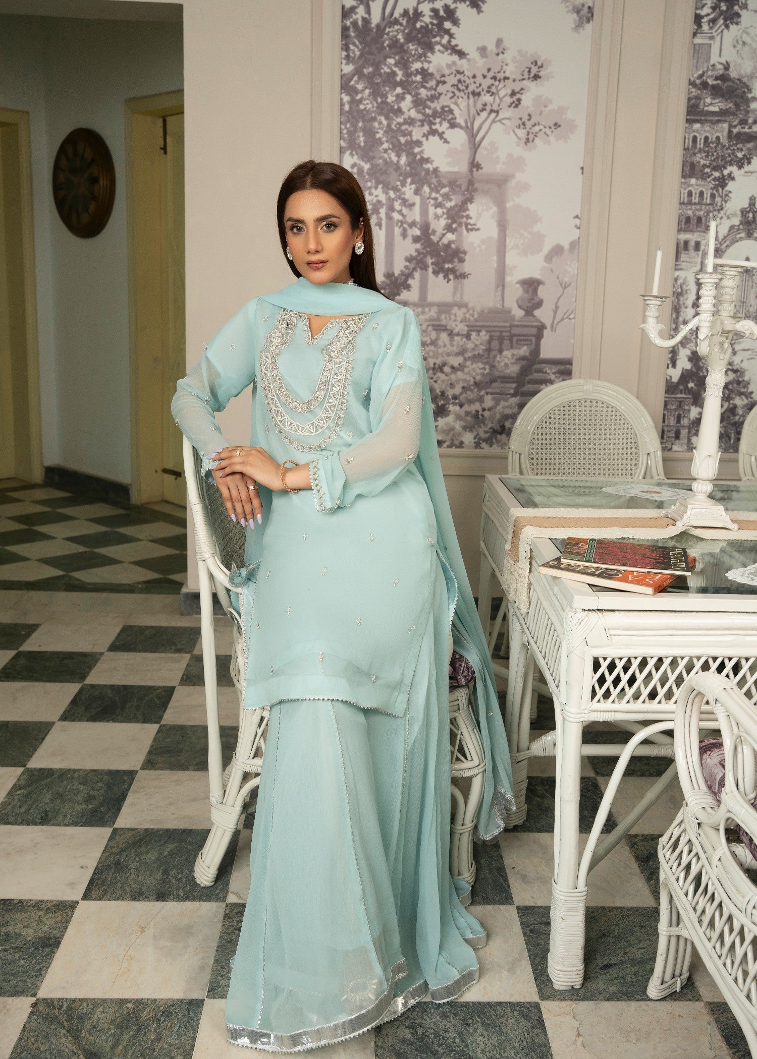 crinkle chiffon Sharara in Ice blue