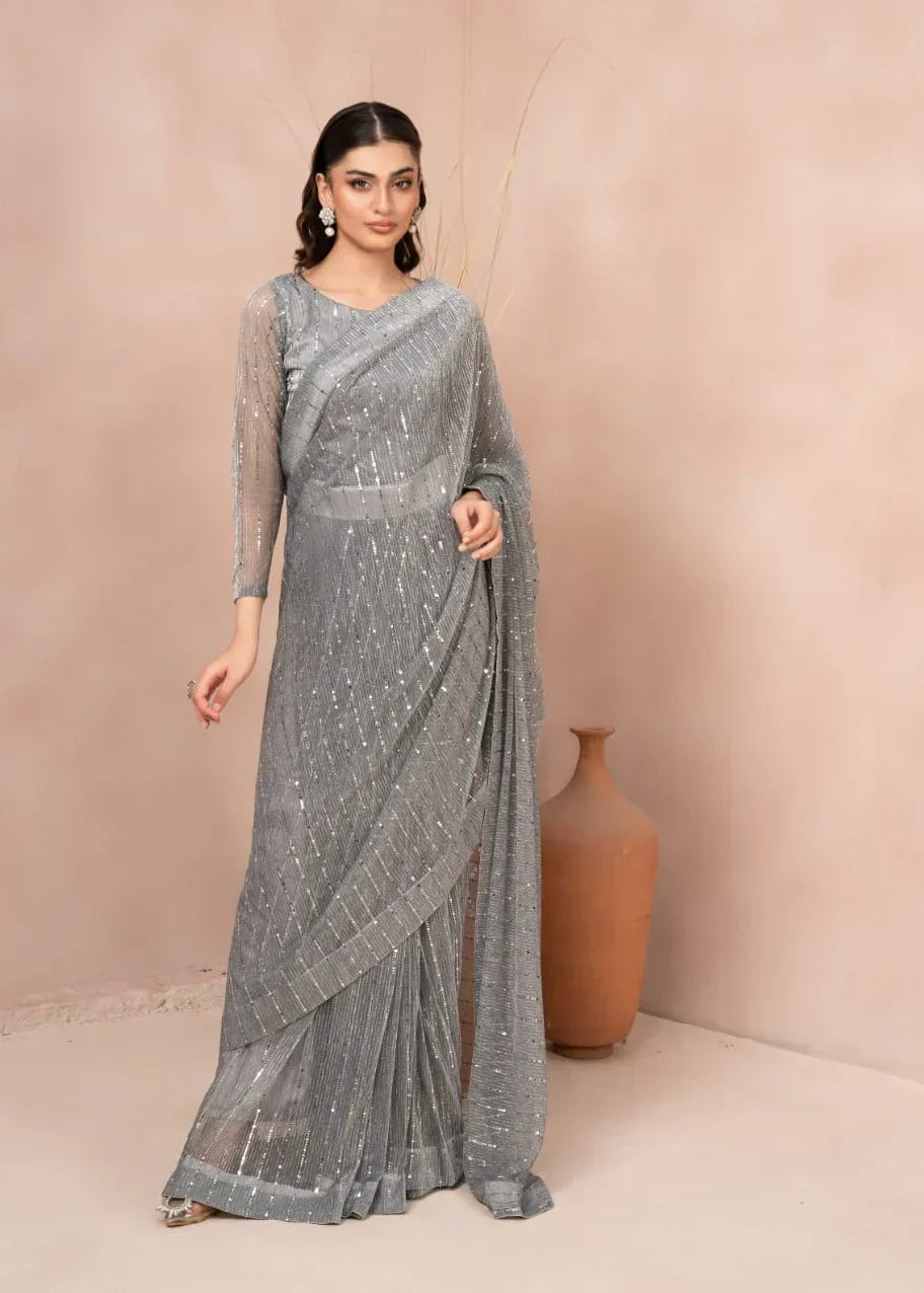 net Saree in Silver