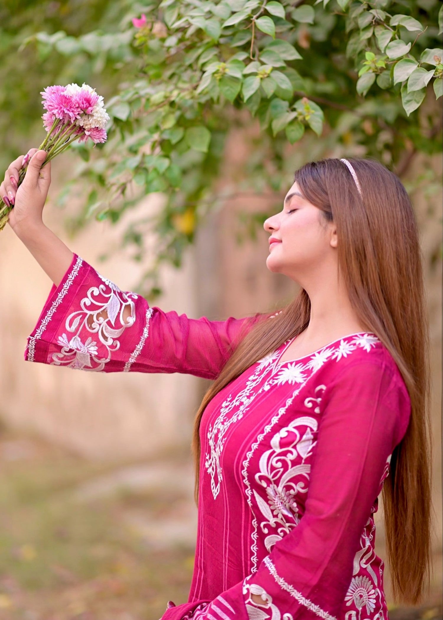 khaddi net Kurta Set in Hot pink