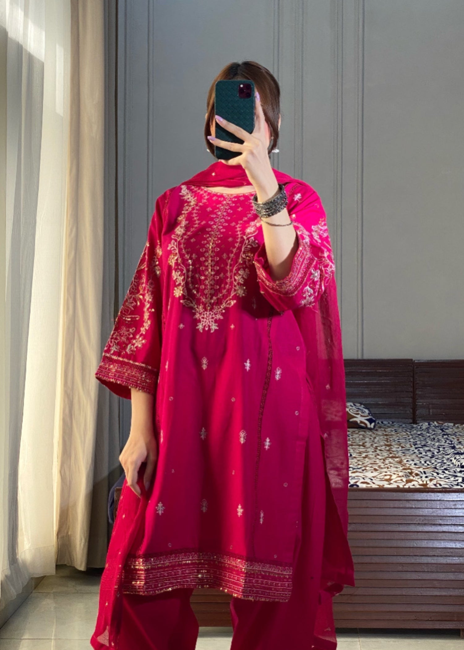 cotton Kurta Set in Hot pink red