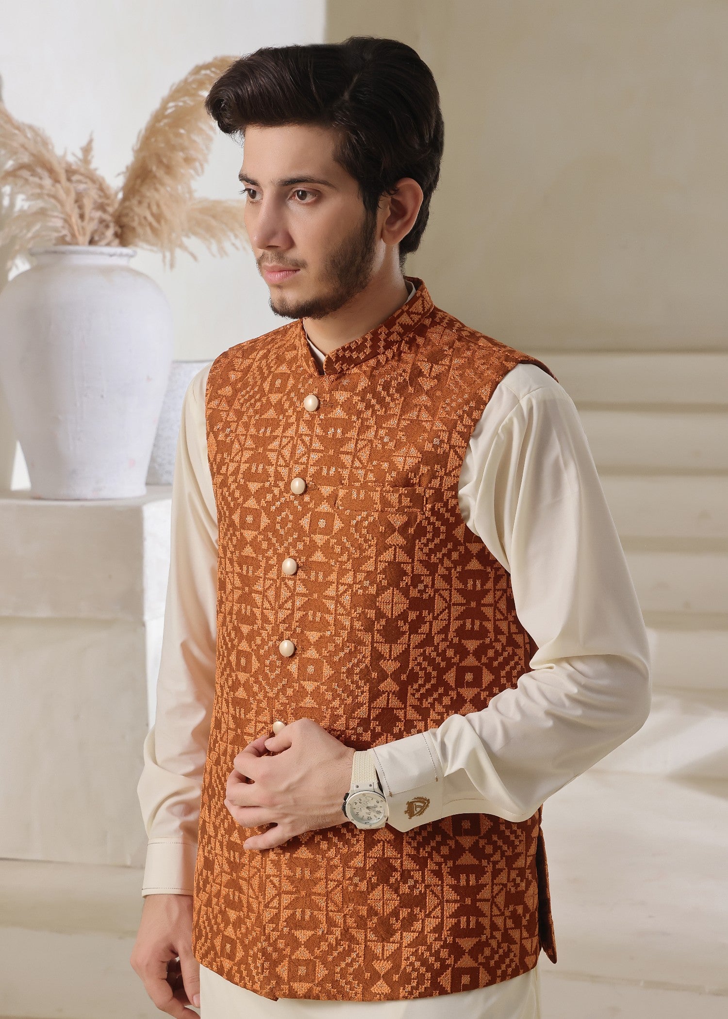 jamawar Waistcoat in Rust orange
