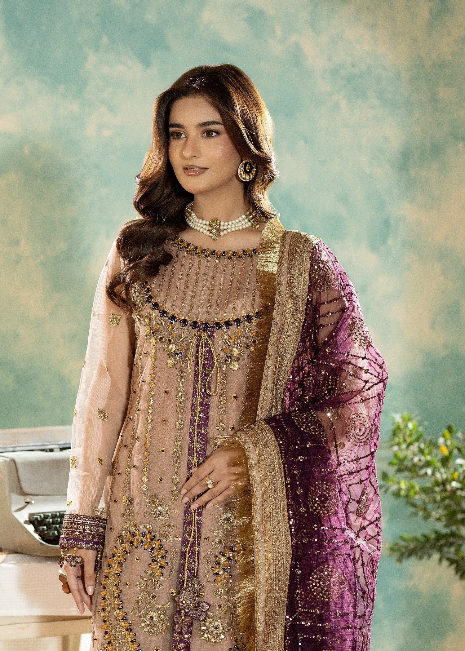 net Kurta Set in Peach pink