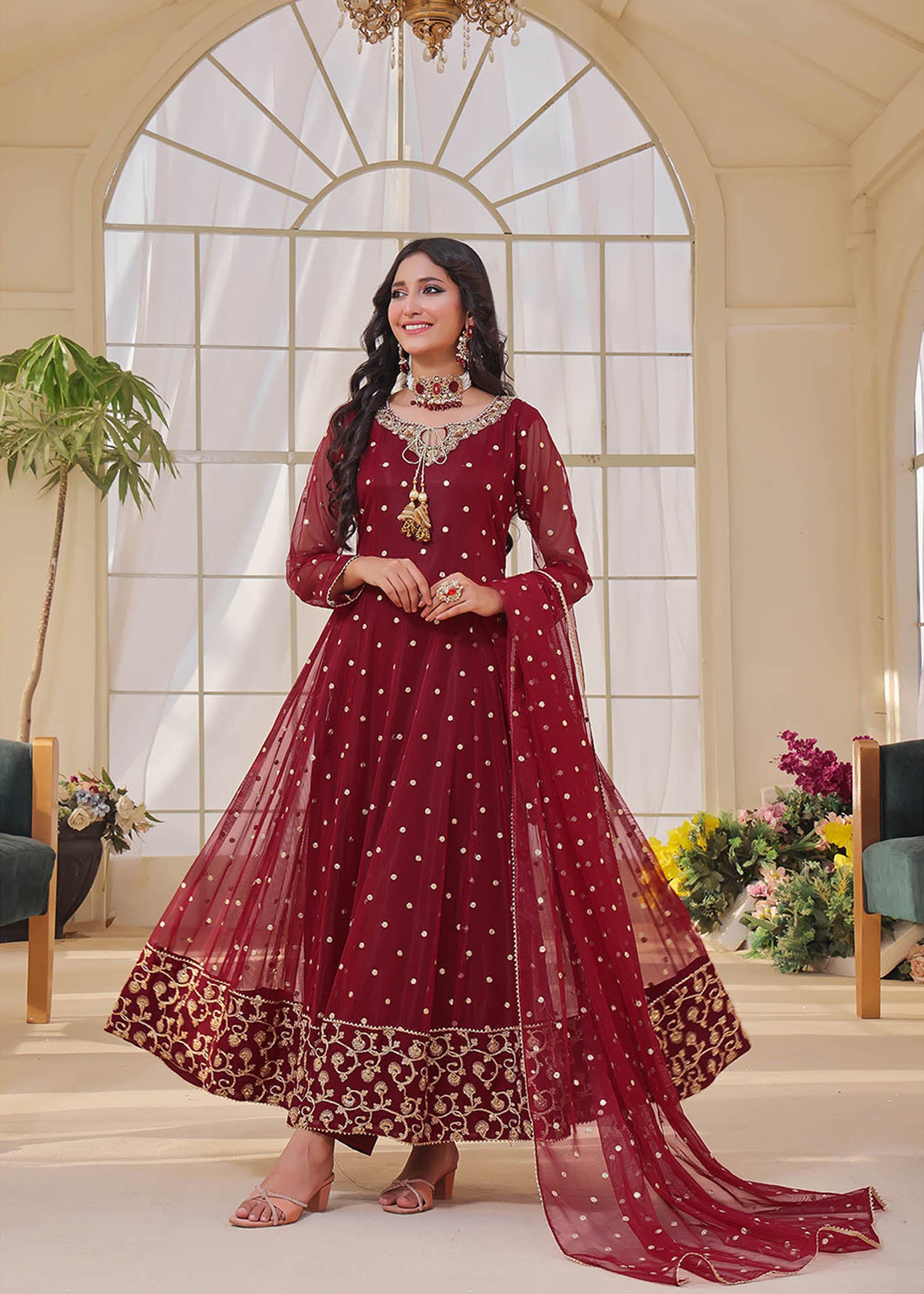 cotton net Anarkali in Maroon
