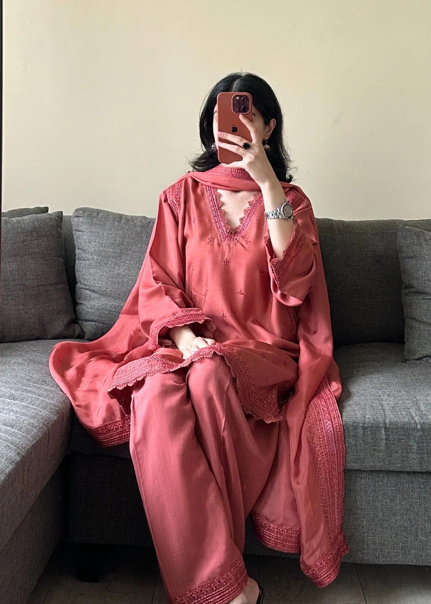 raw silk Kurta Set in Coral pink