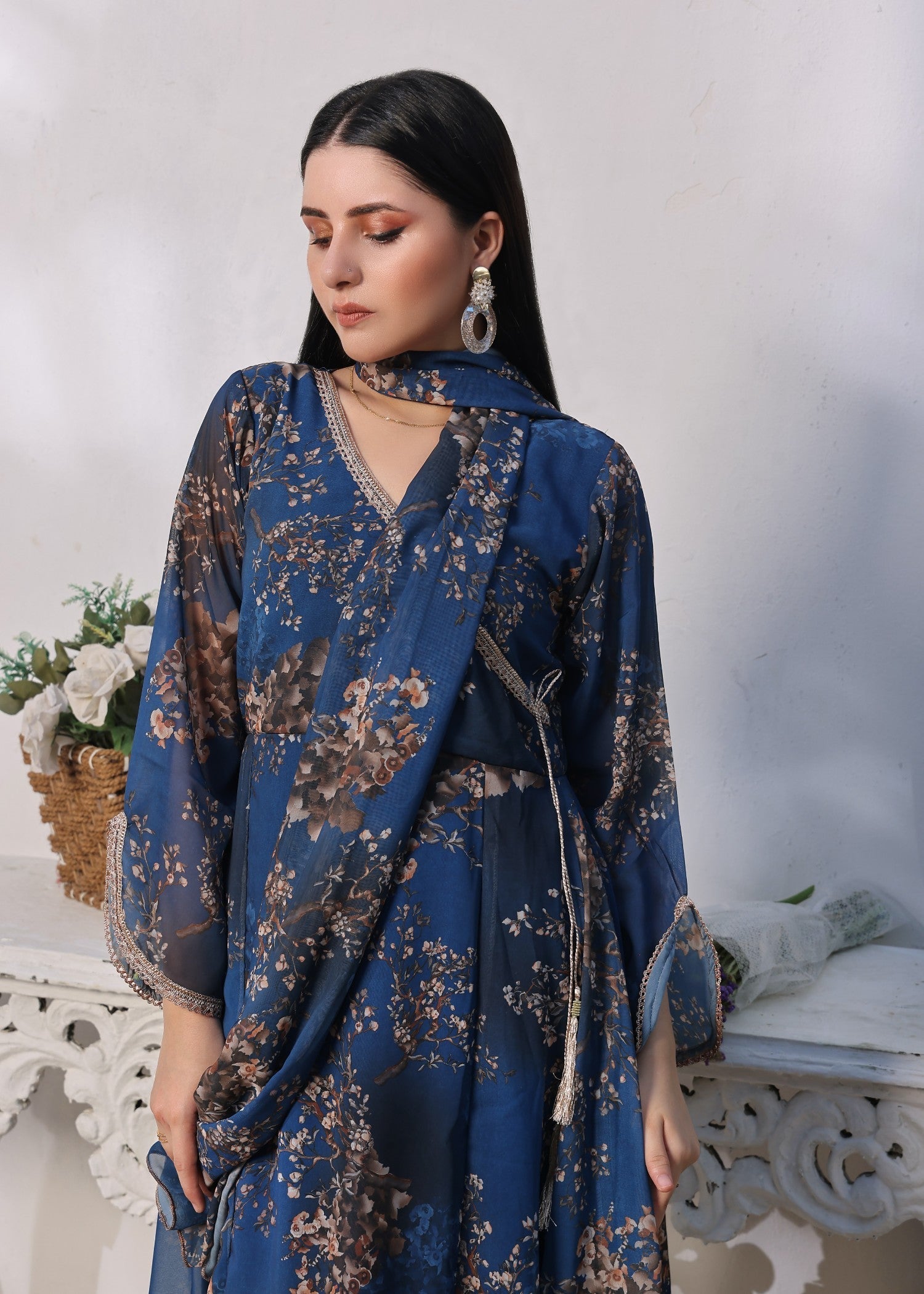 chiffon Angrakha in Navy blue