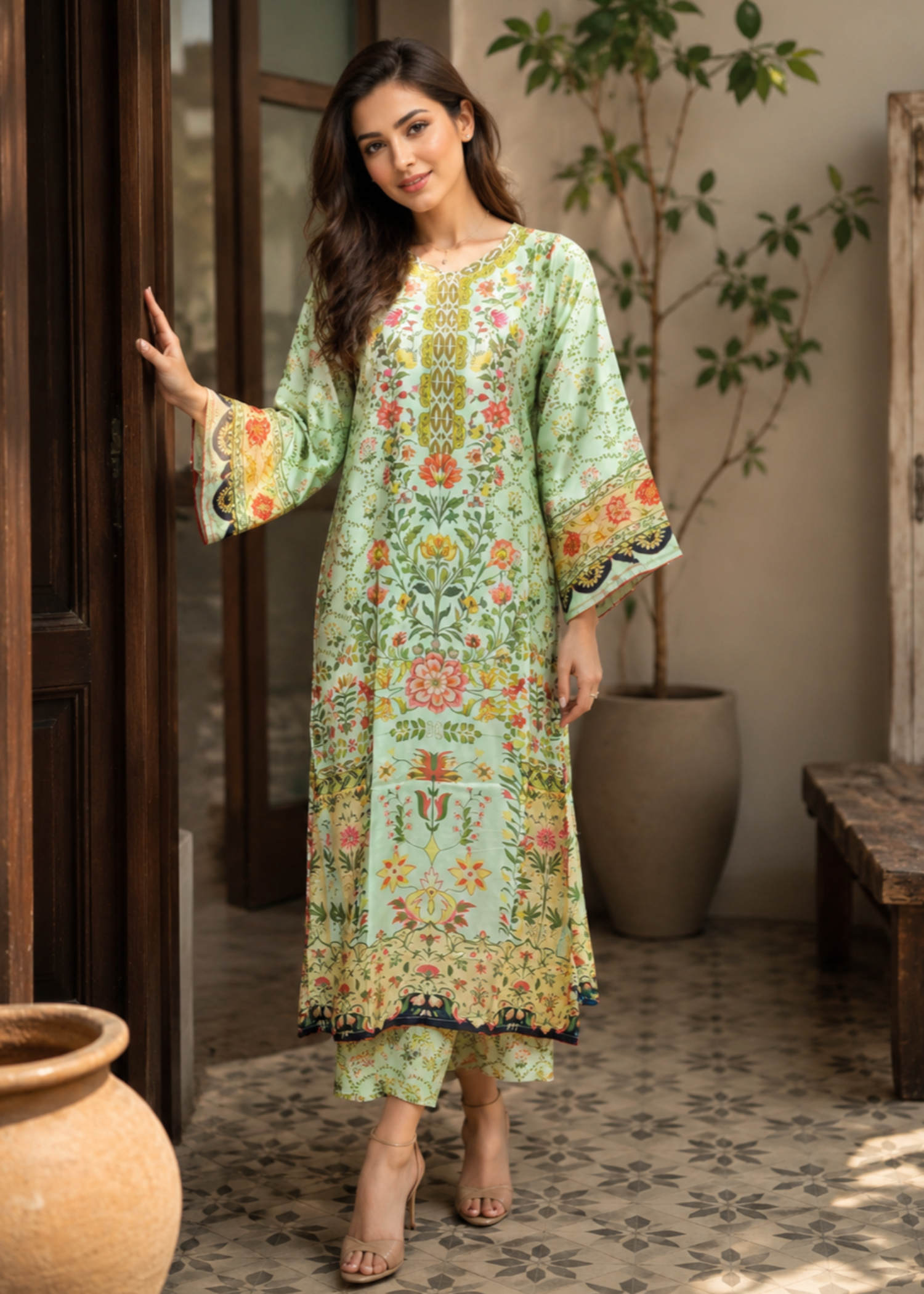 silk charmeuse Kaftan in Pistachio green