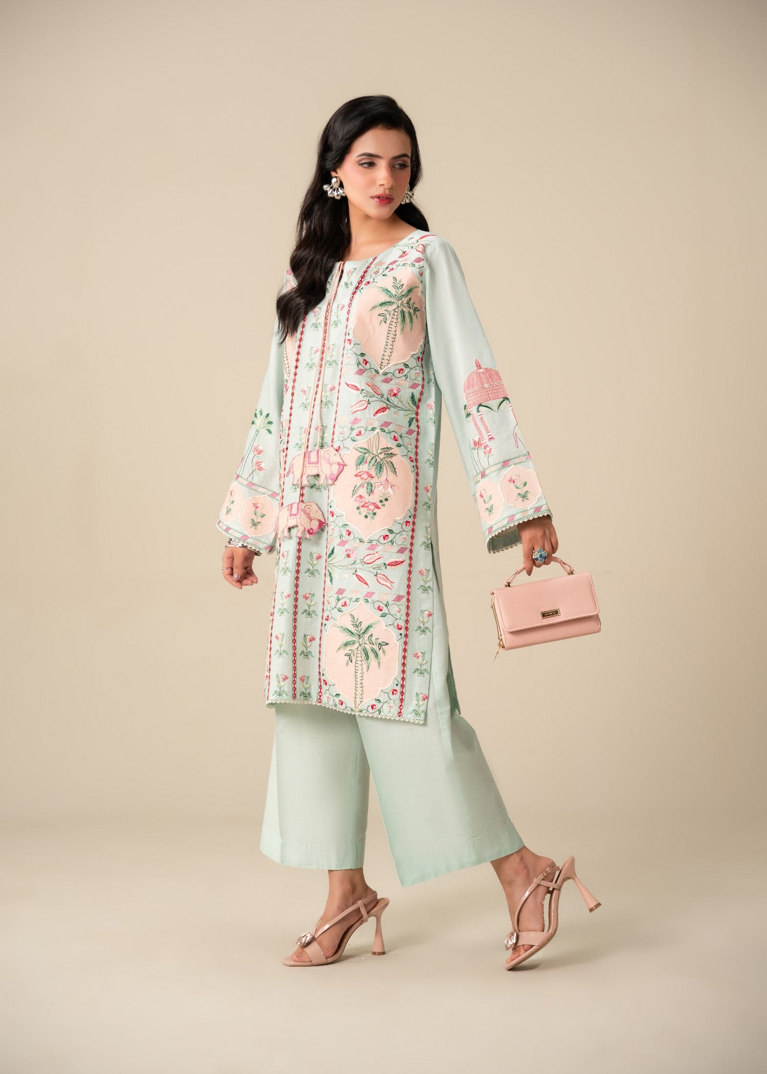 lawn Kurta Set in Peach pink, light cyan