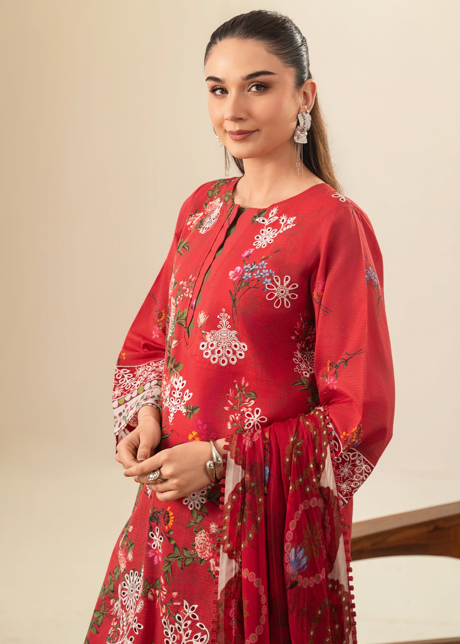 ribbed lawn Kurta Set in Red