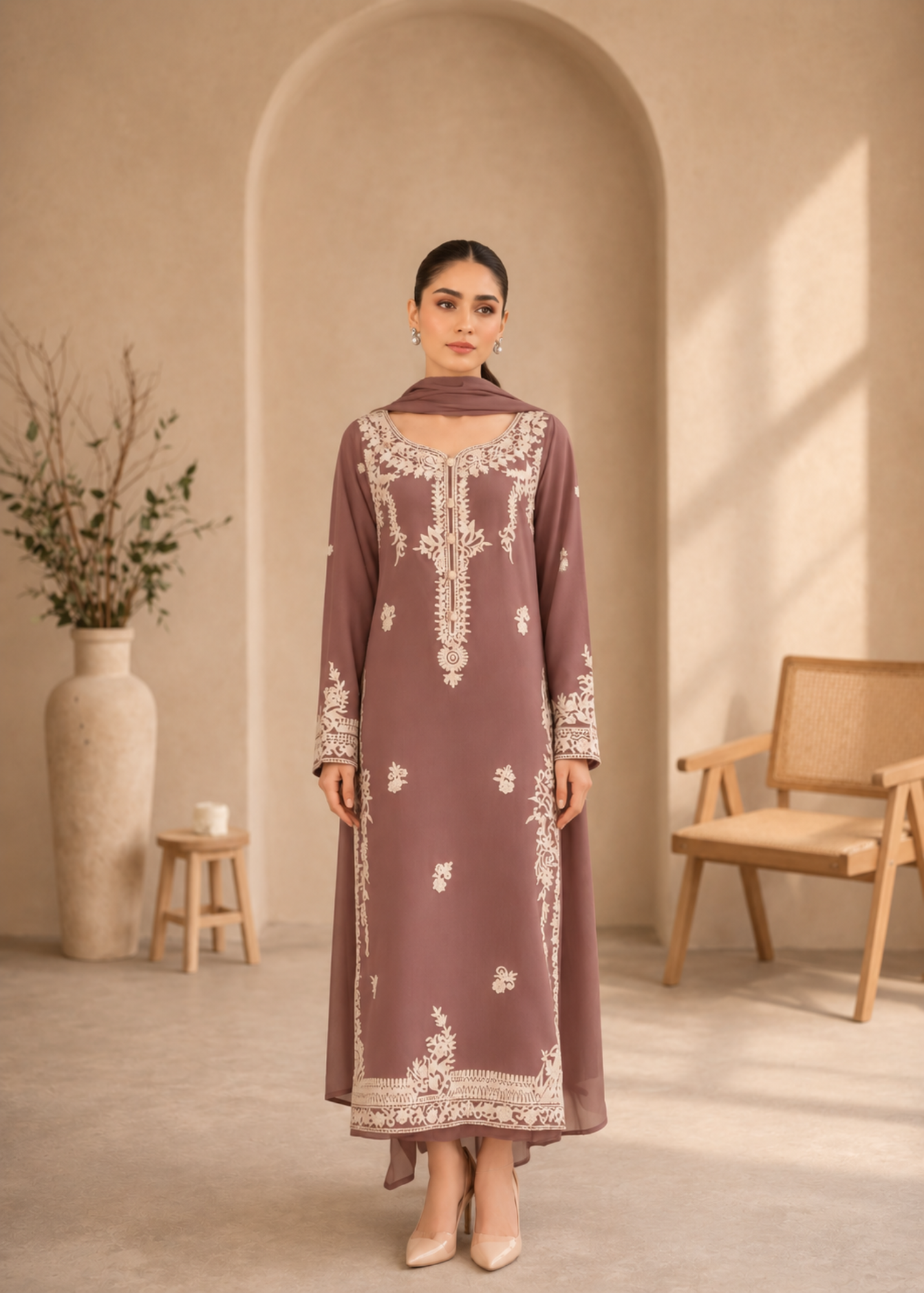 lawn cotton Kurta Set in Mauve pink