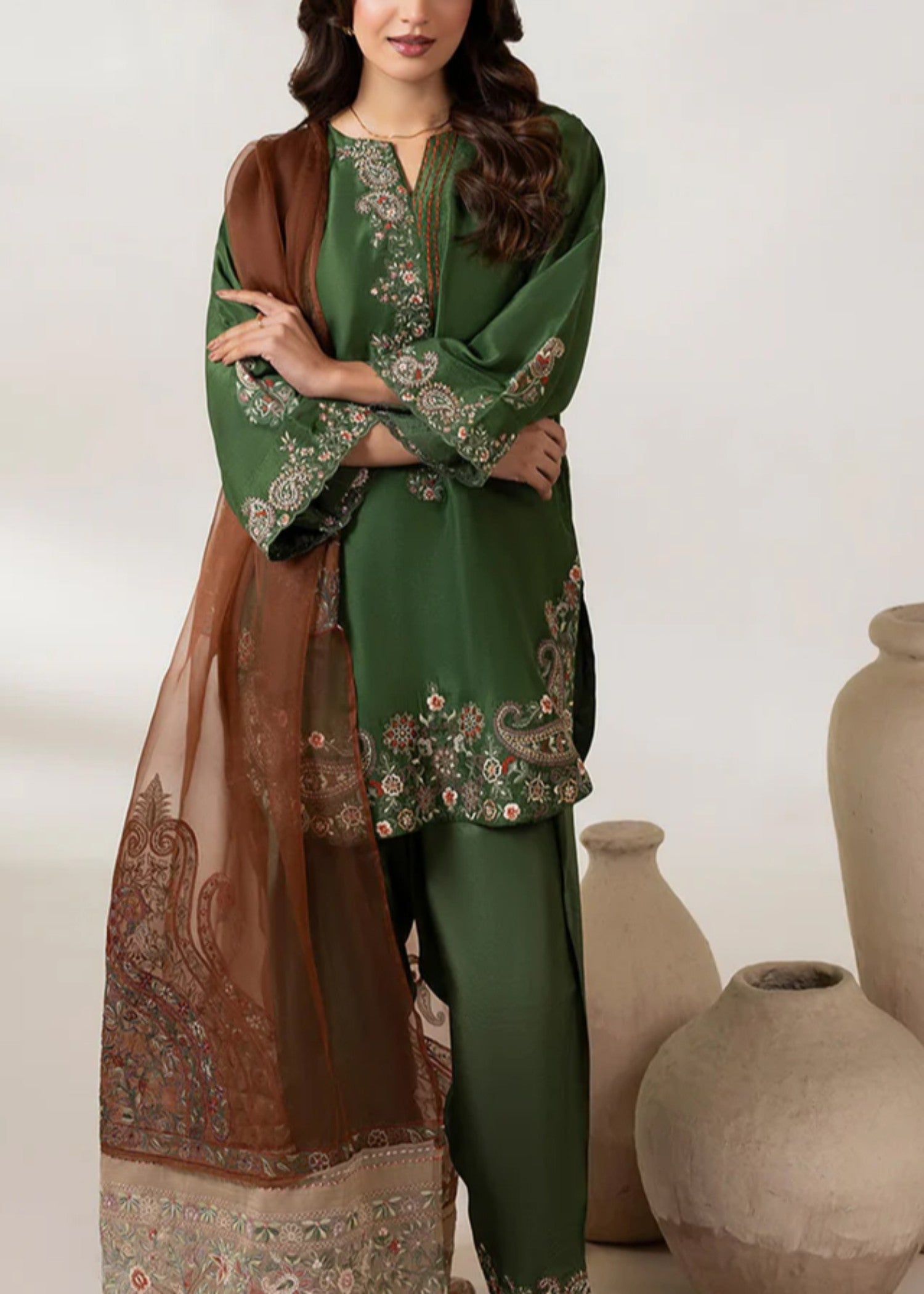 raw silk Kurta Set in Forest green