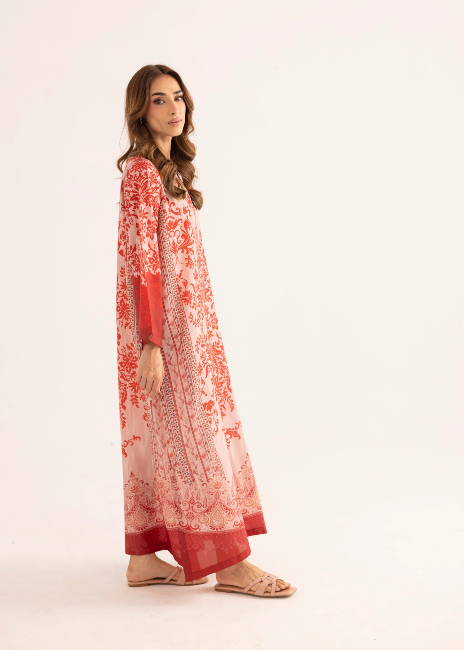 silk finish lawn Kaftan in Chili red