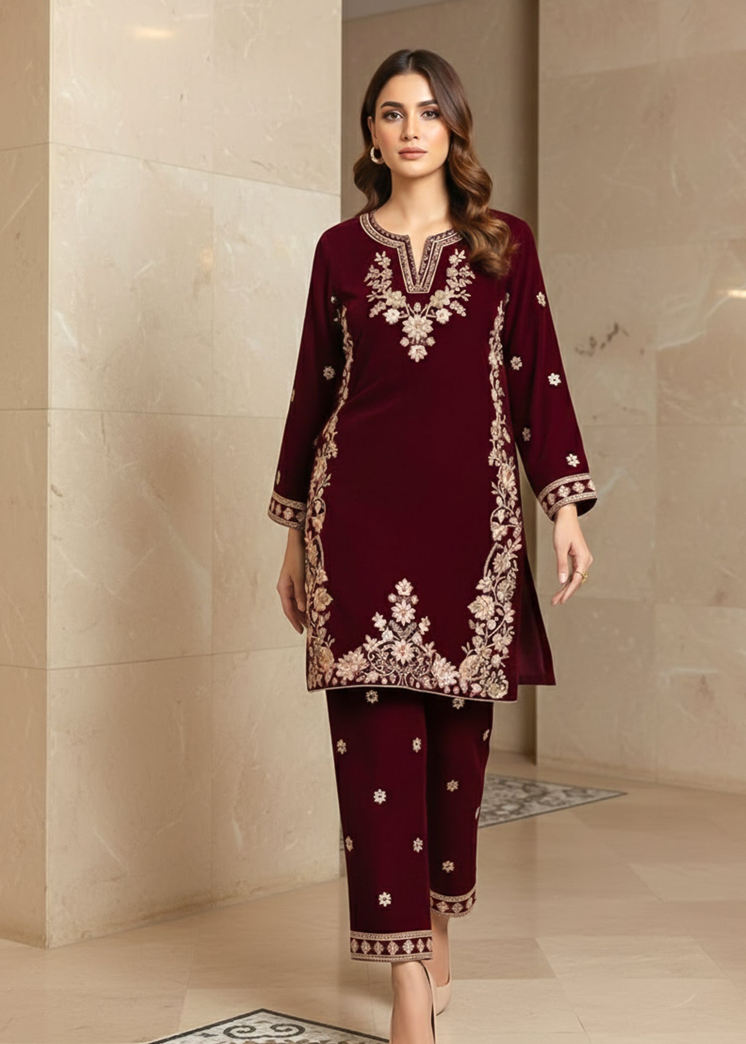 chinese micro velvet 9000 Kurta Set in Maroon