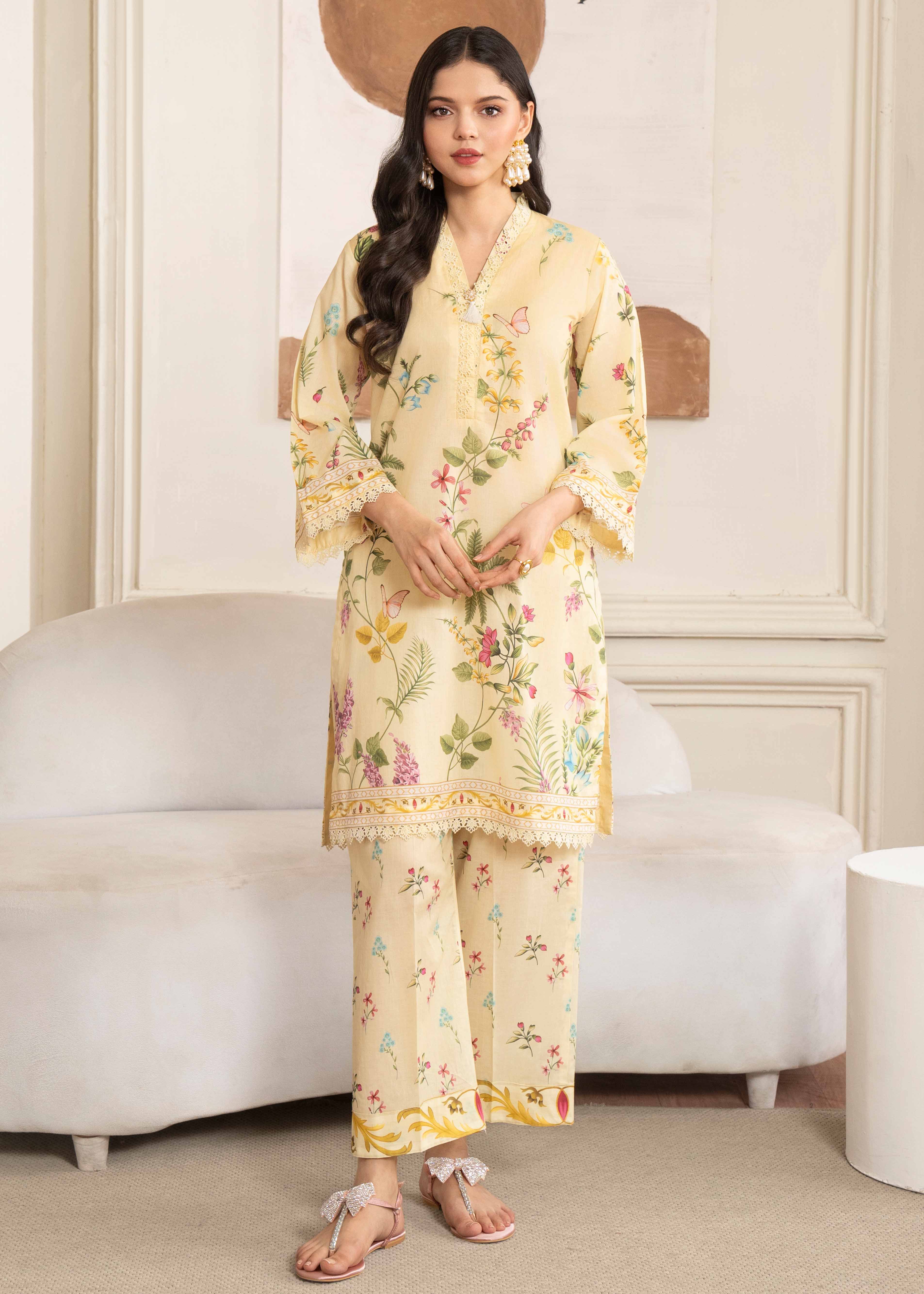 silk finish lawn Kurta Set in Light yellow