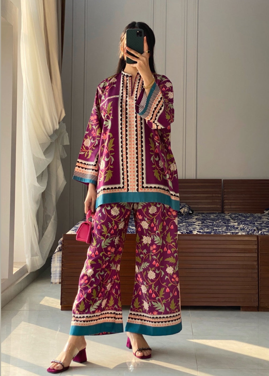 slub lawn Co Ord Sets in Purple