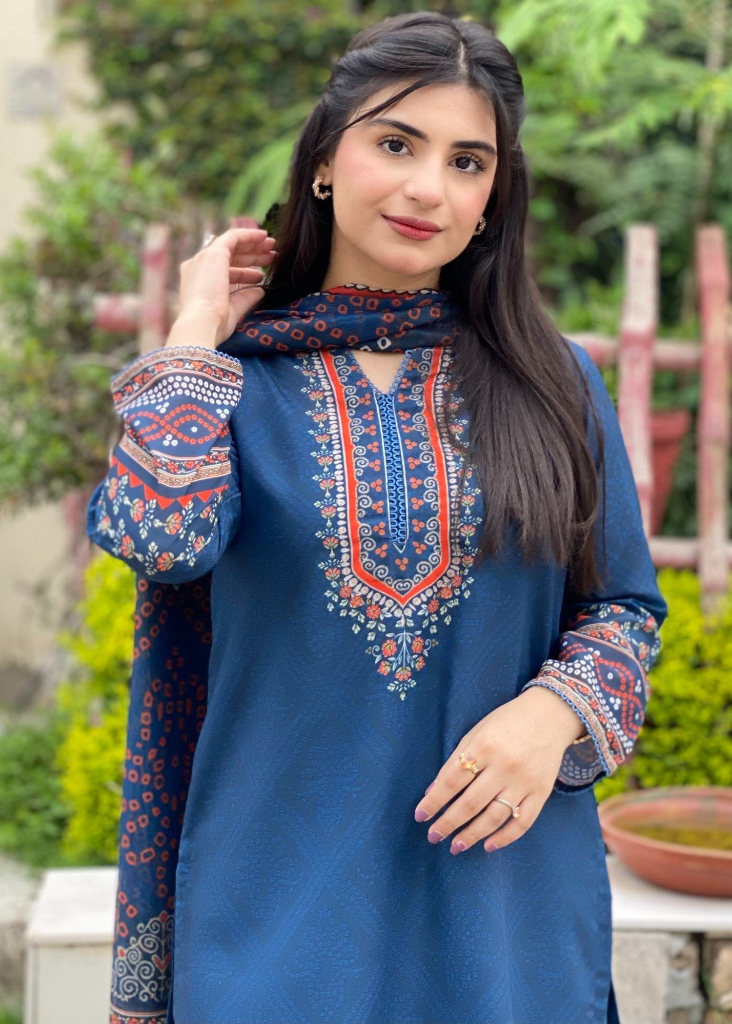 silk finish lawn Kurta Set in Blue