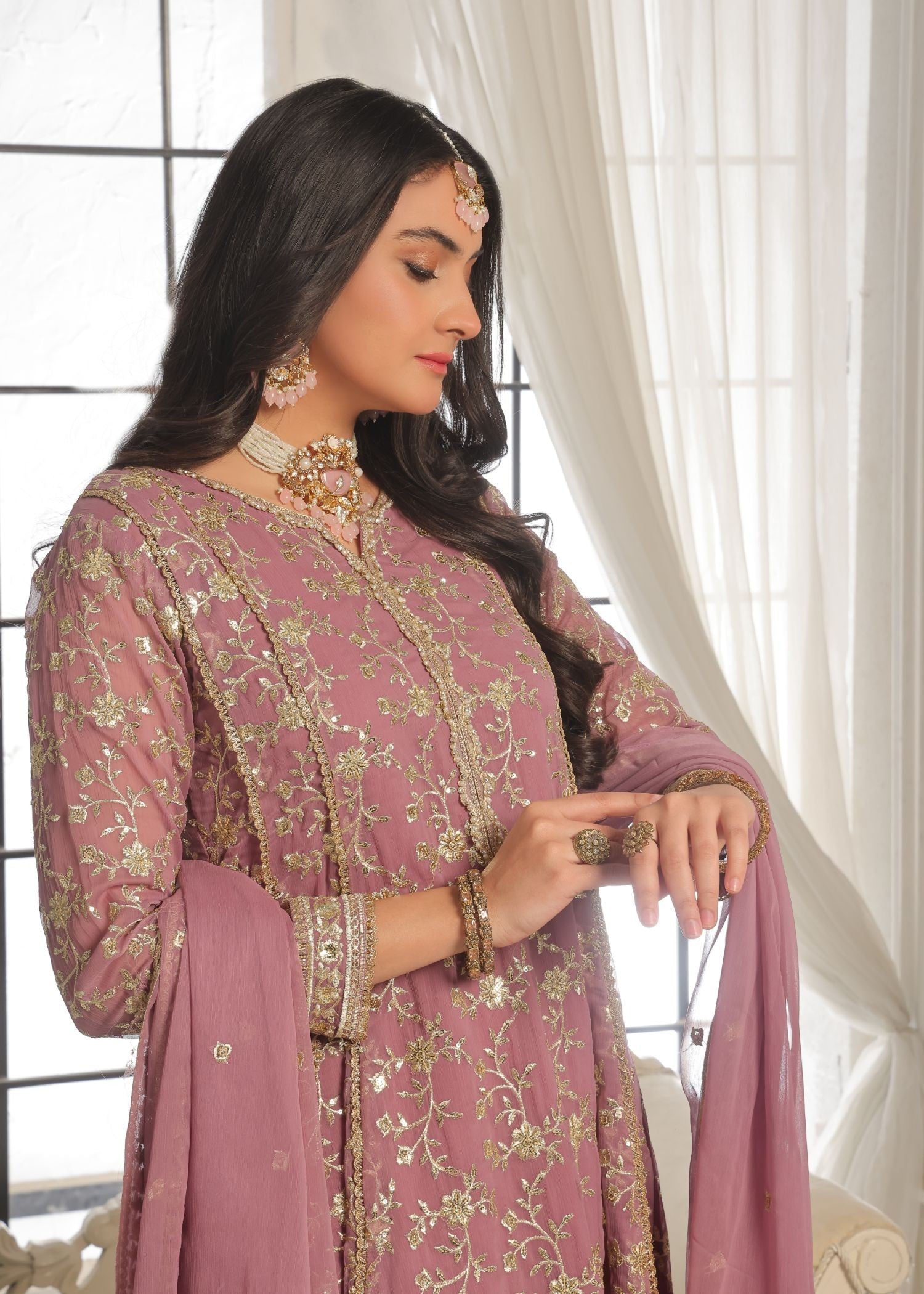 chiffon Pishwas in Mauve pink