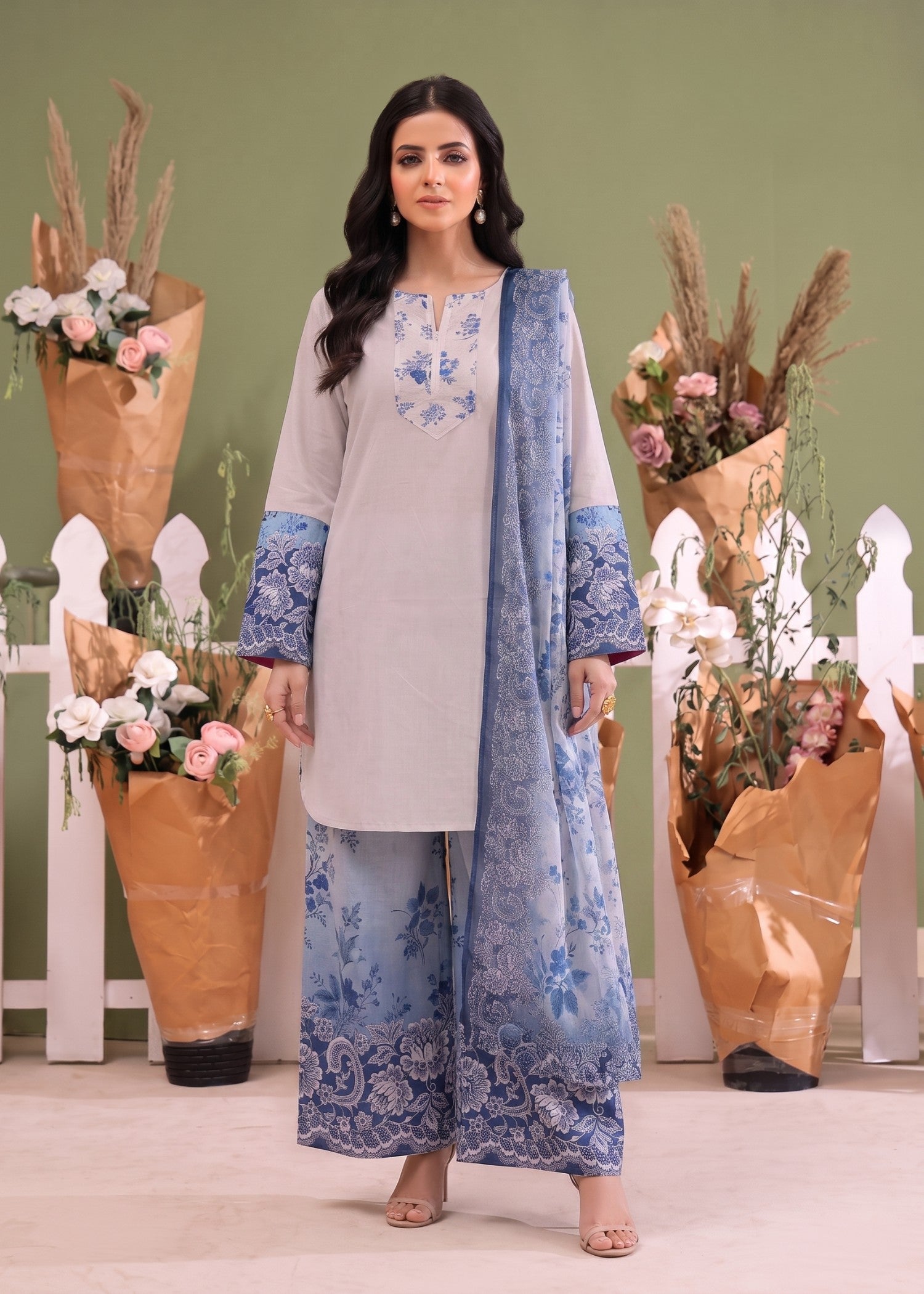 lawn Kurta Set in Periwinkle, steel blue