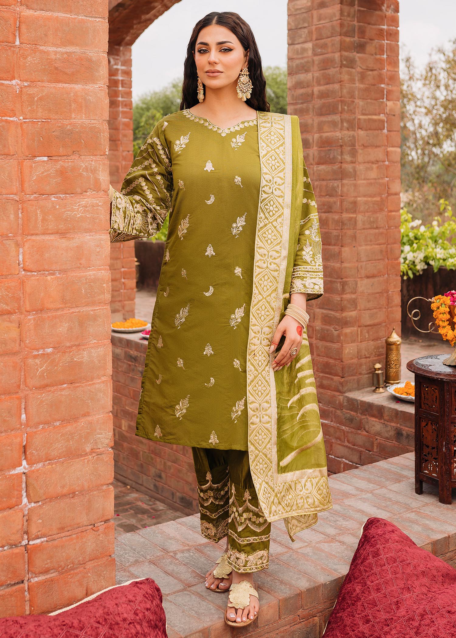 chambray Kurta Set in Olive green