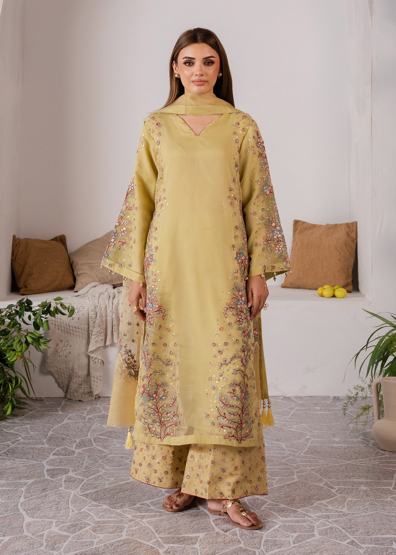 organza Kurta Set in Yellow green