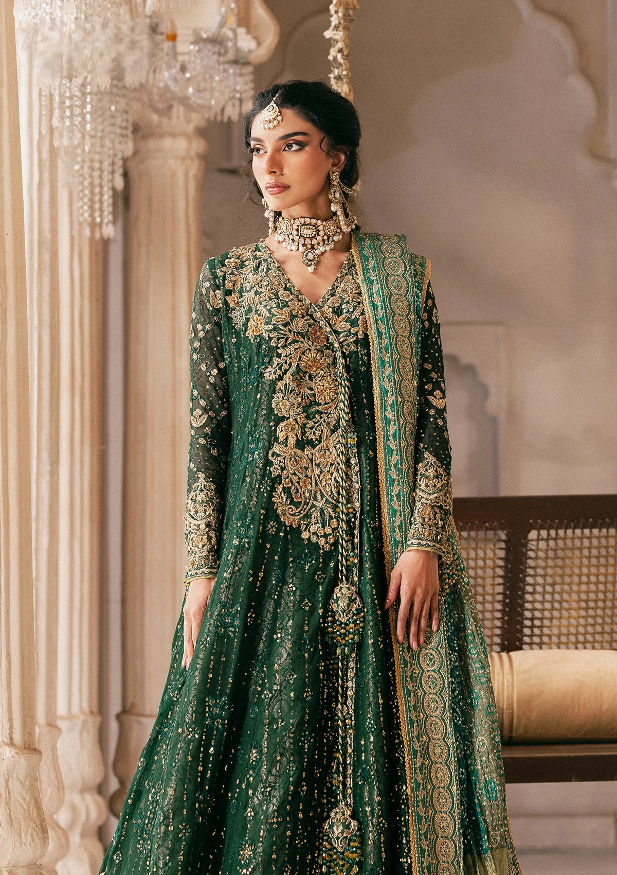 medium silk Angrakha in Bottle green