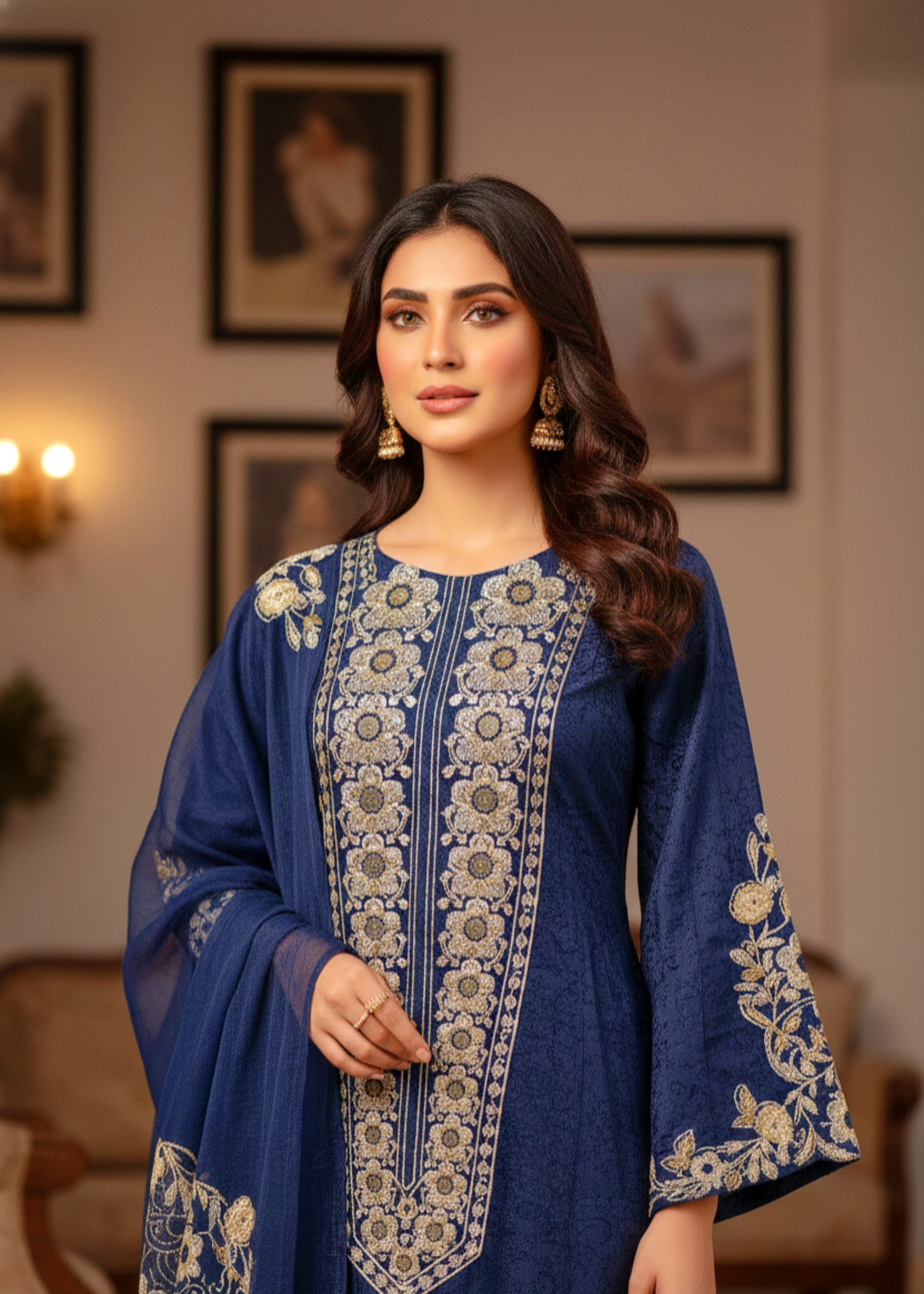 jacquard viscose Kurta Set in Navy blue
