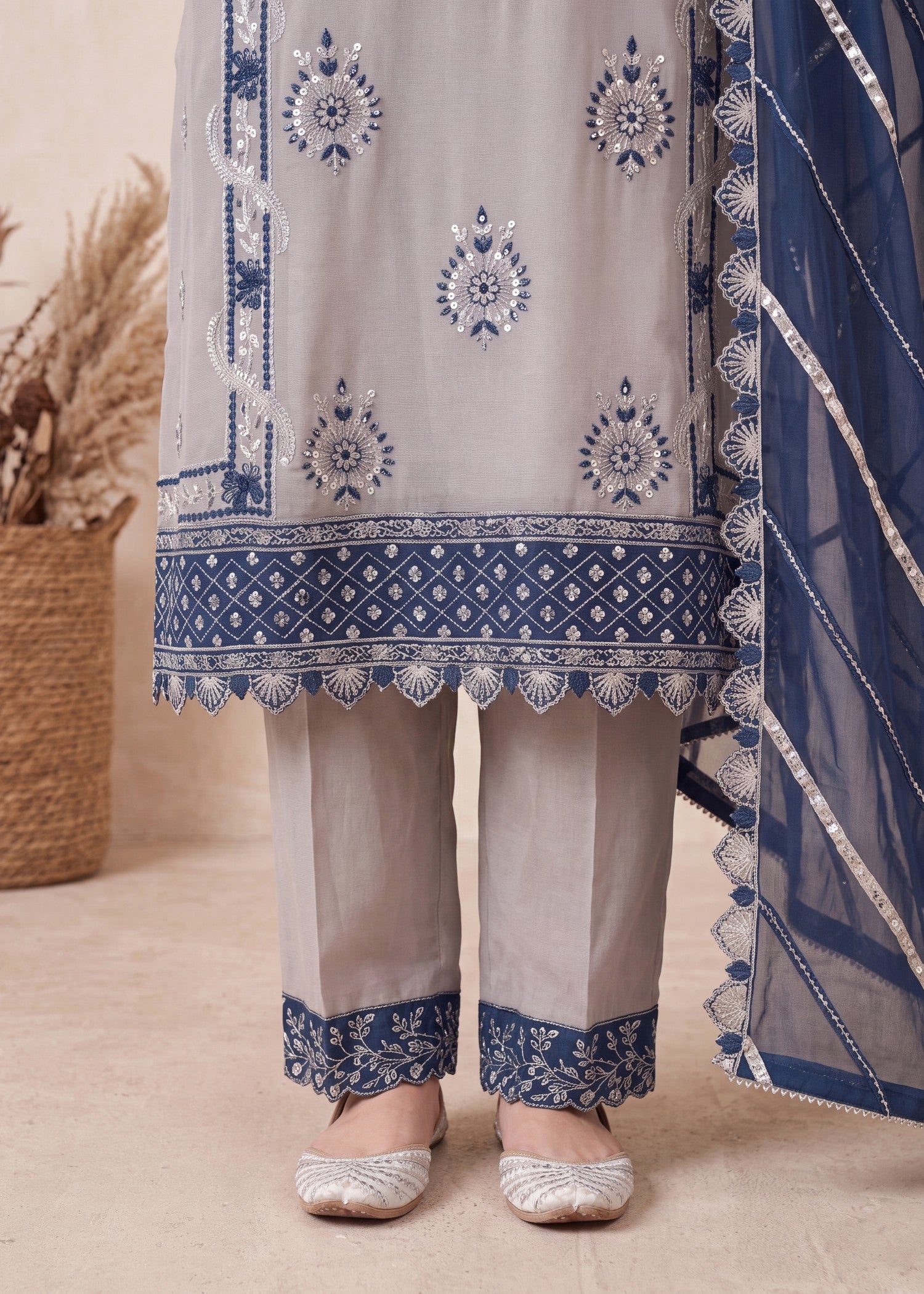 pk crinkle chiffon Kurta Set in Aegean blue, pastel grey