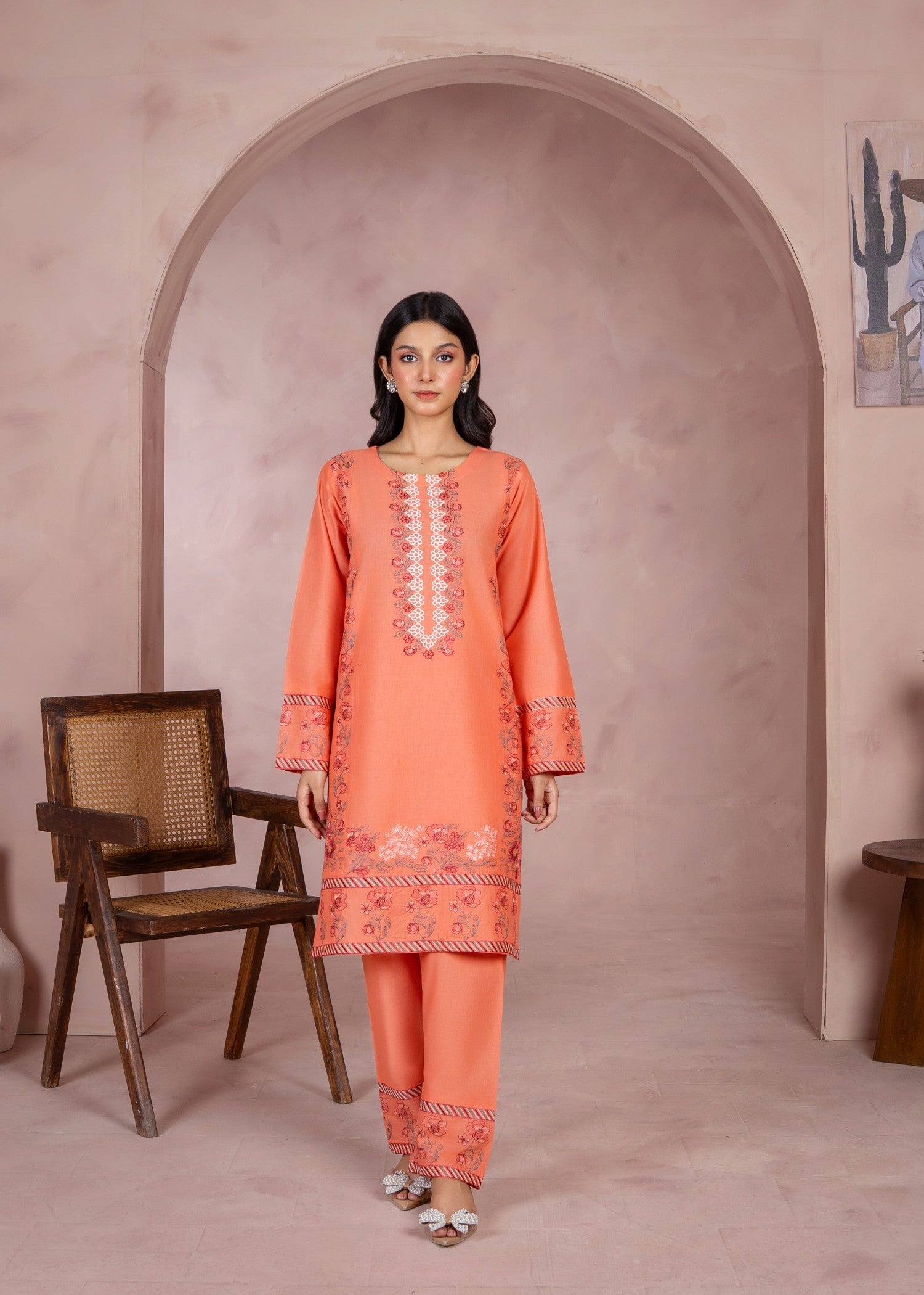 lawn Kurta Set in Coral pink