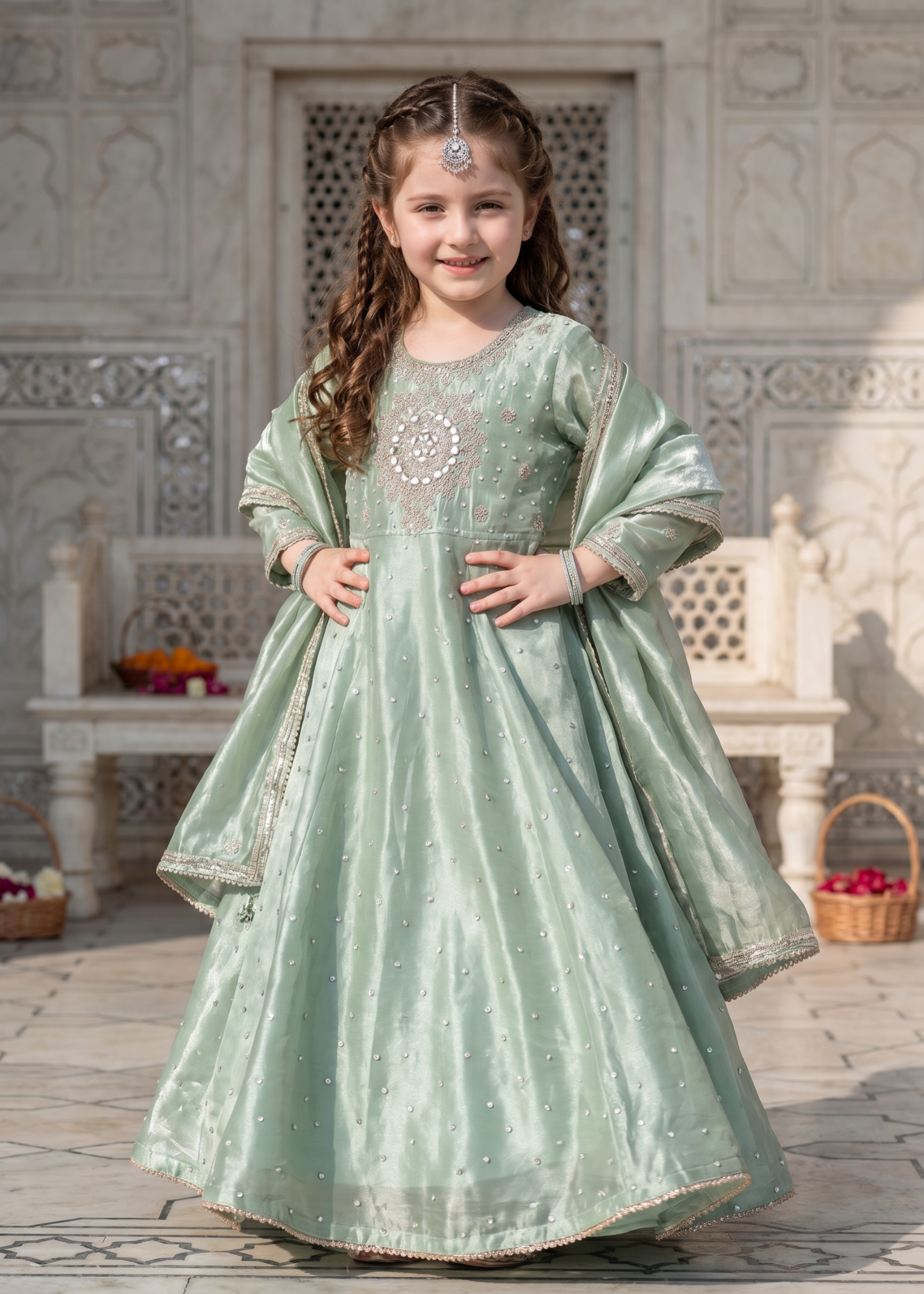 tissue silk Pishwas in Pistachio green
