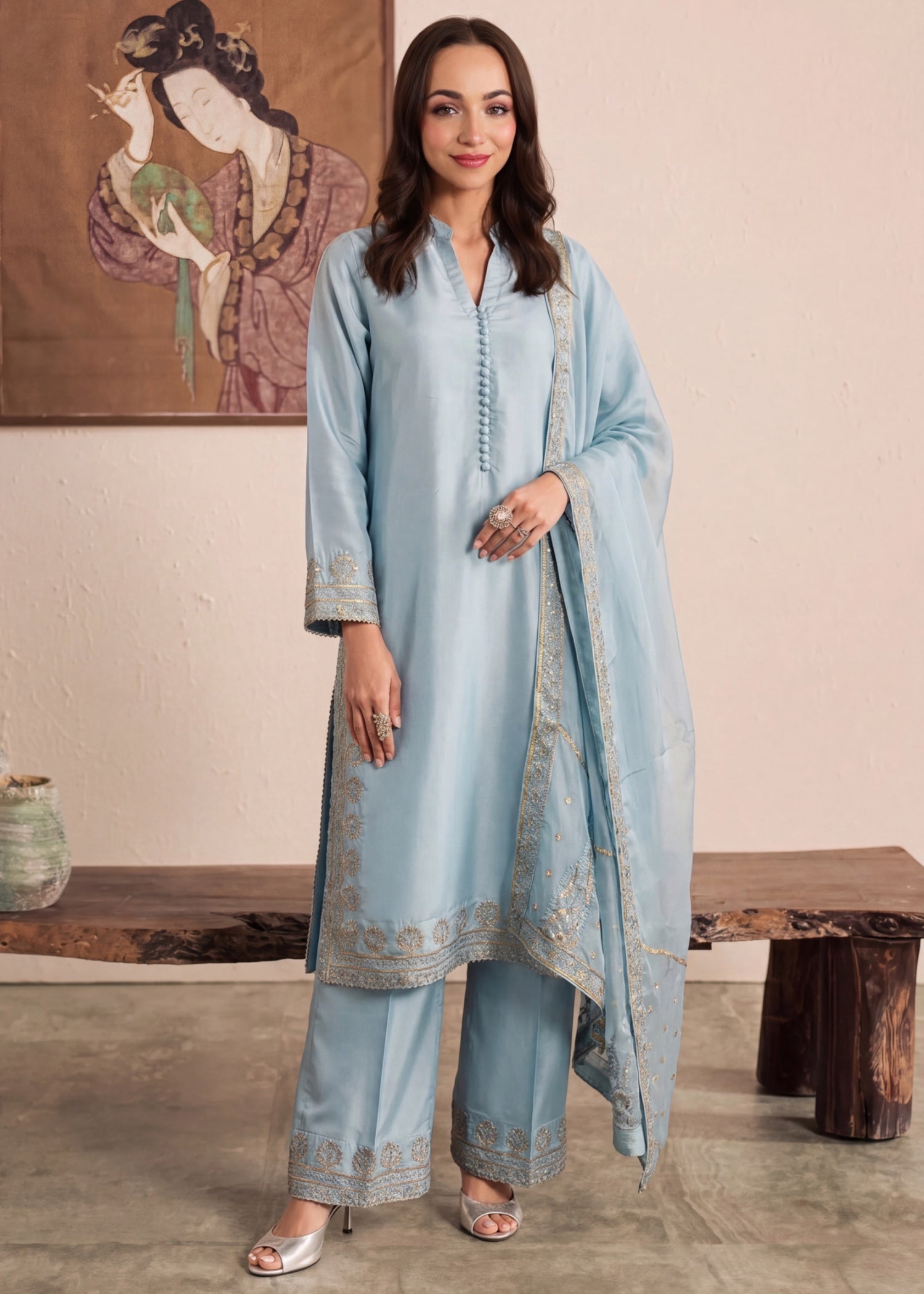 kattan silk Kurta Set in Ice blue