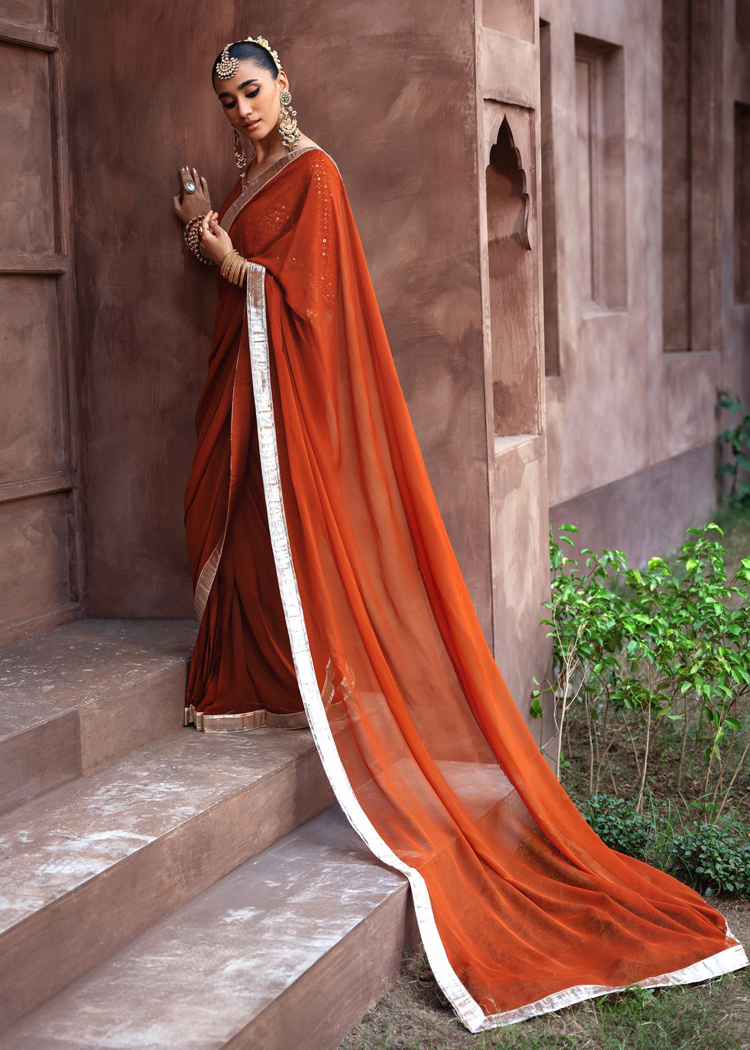 chiffon Saree in Rust orange