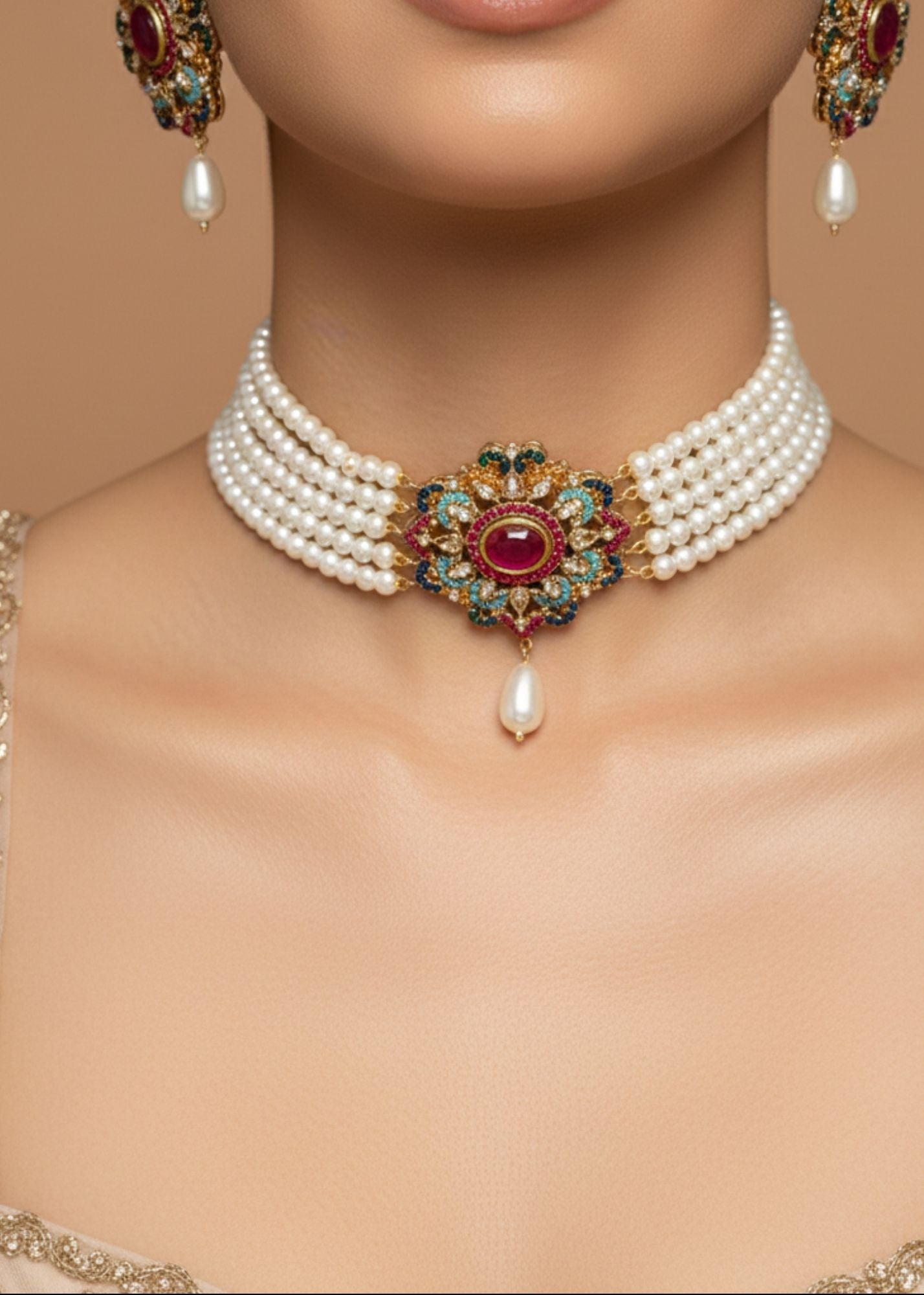 Choker in Multi, ruby red Color by - Trendy Women Choker XLJ3002