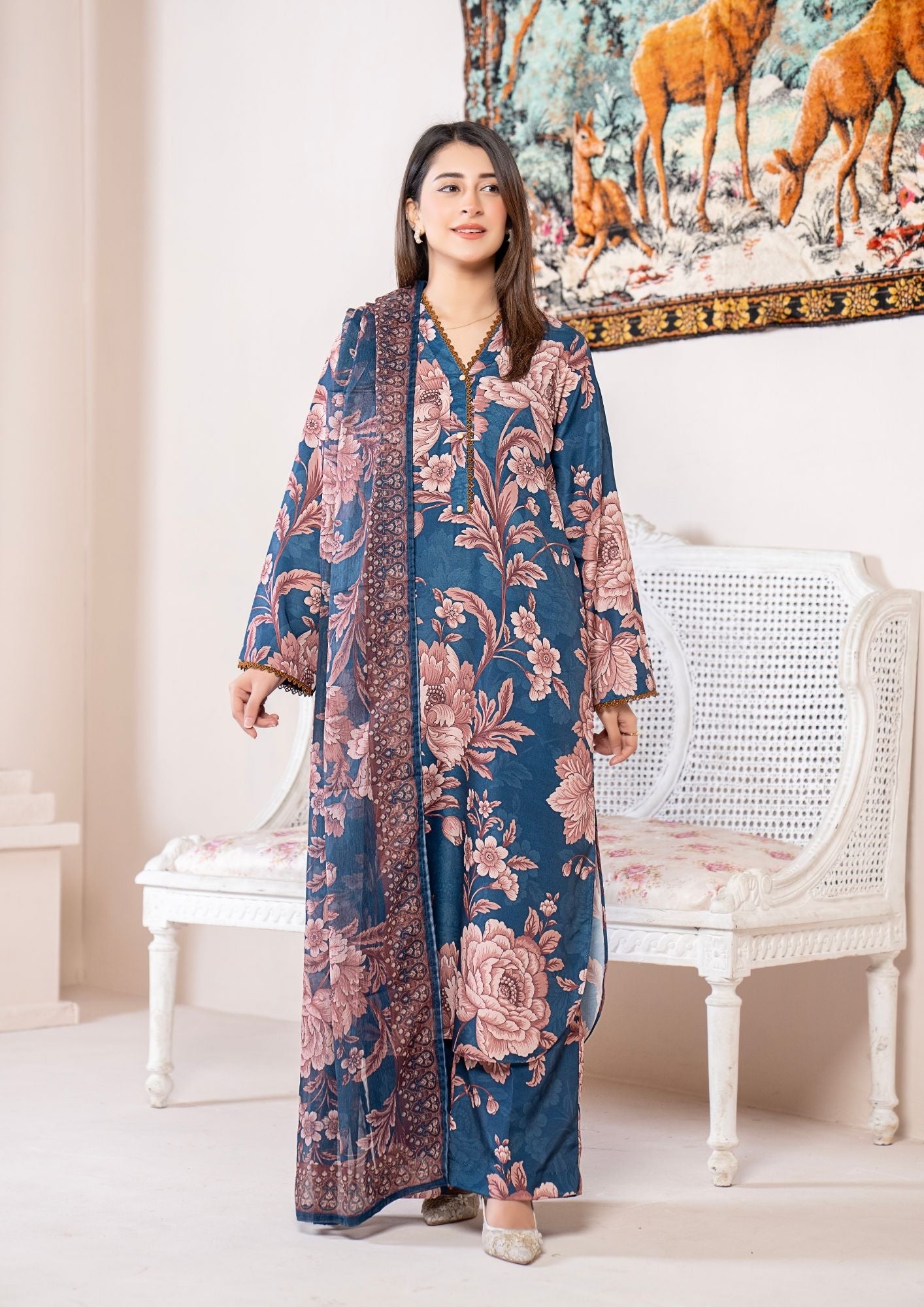 arabic lawn Kurta Set in Slate blue