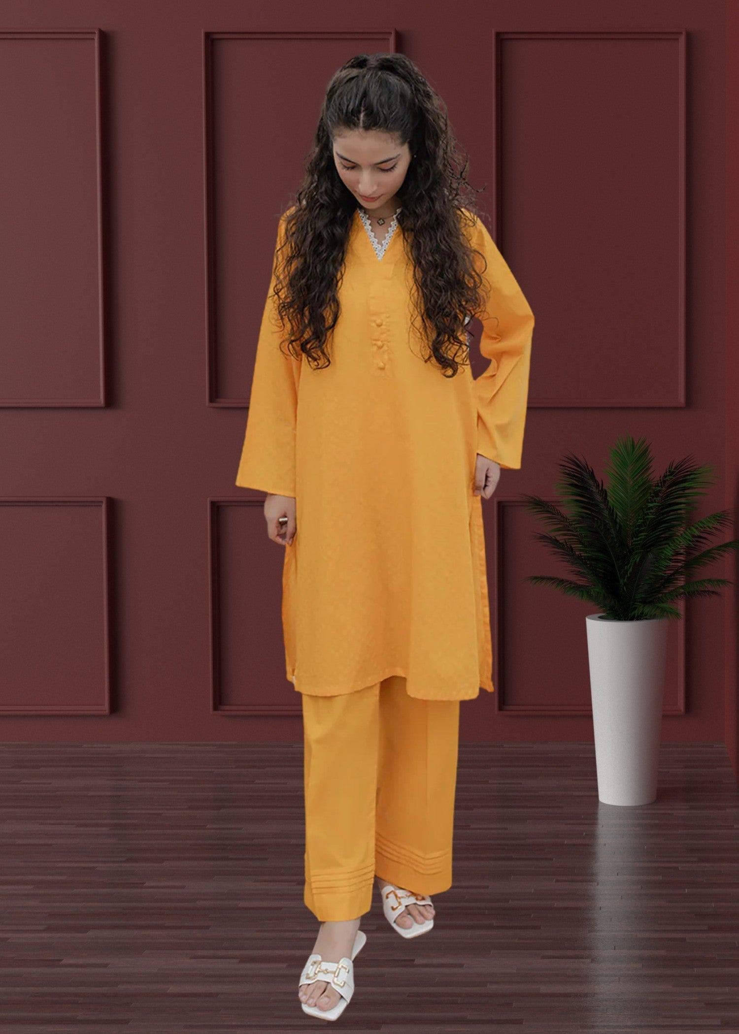 self jacquard Kurta Set in Mustard