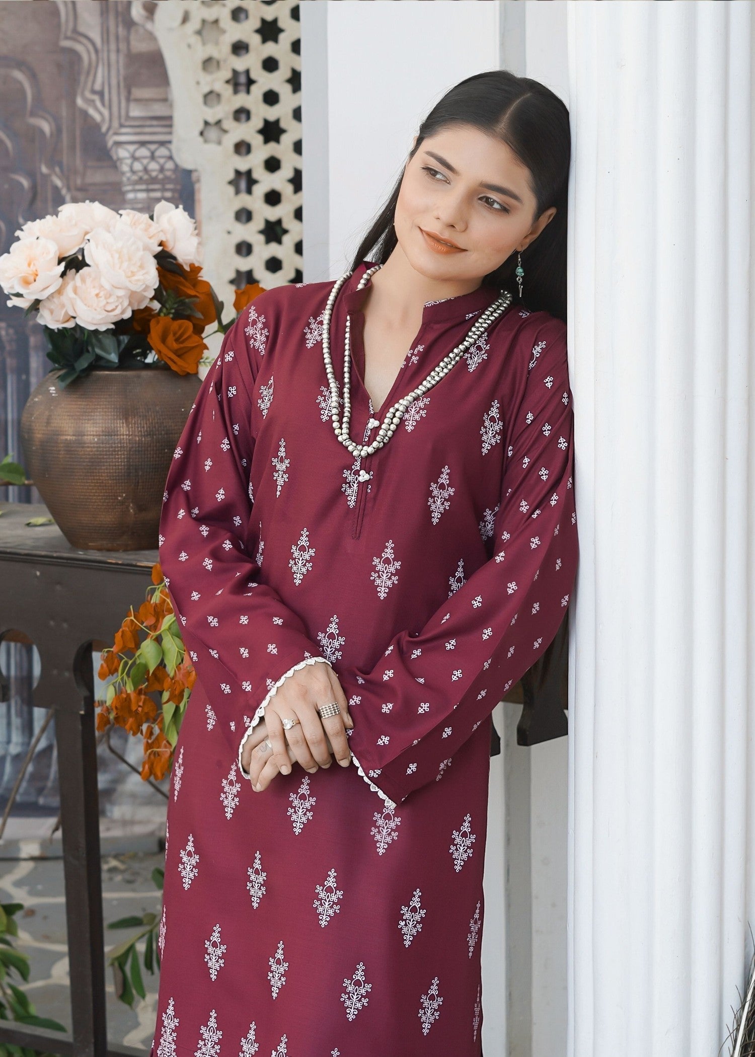 arabic lawn Kurta Set in Burgundy