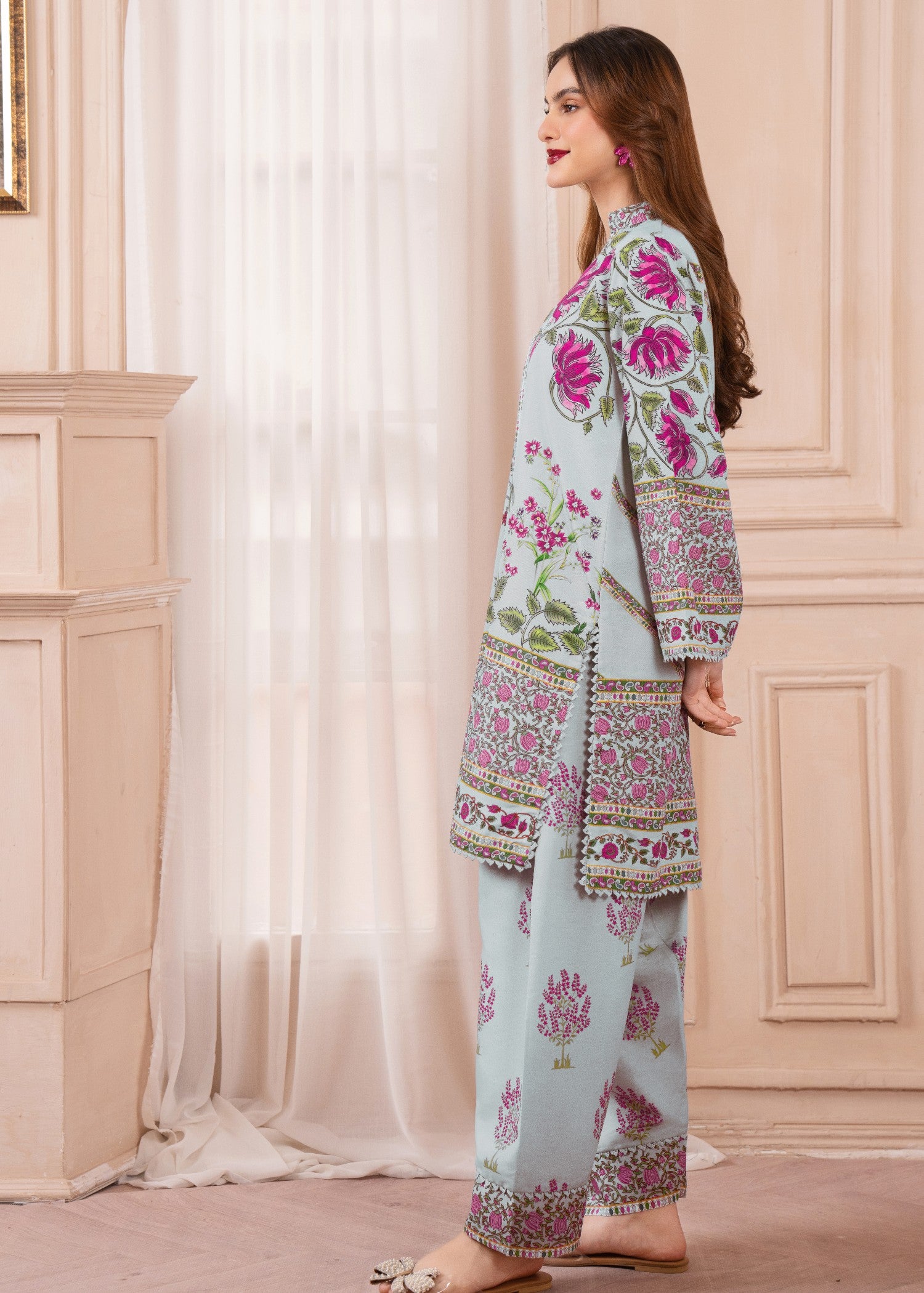 silk finish lawn Kurta Set in Moss green