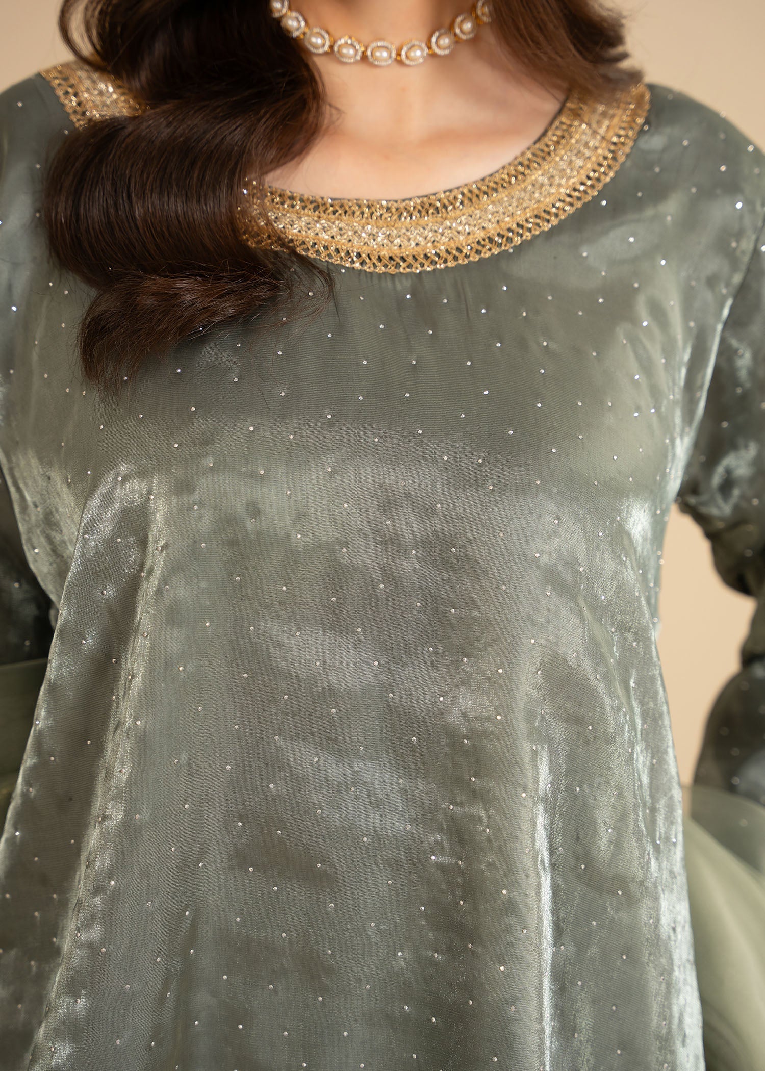 zari organza Short Frock in Moss green